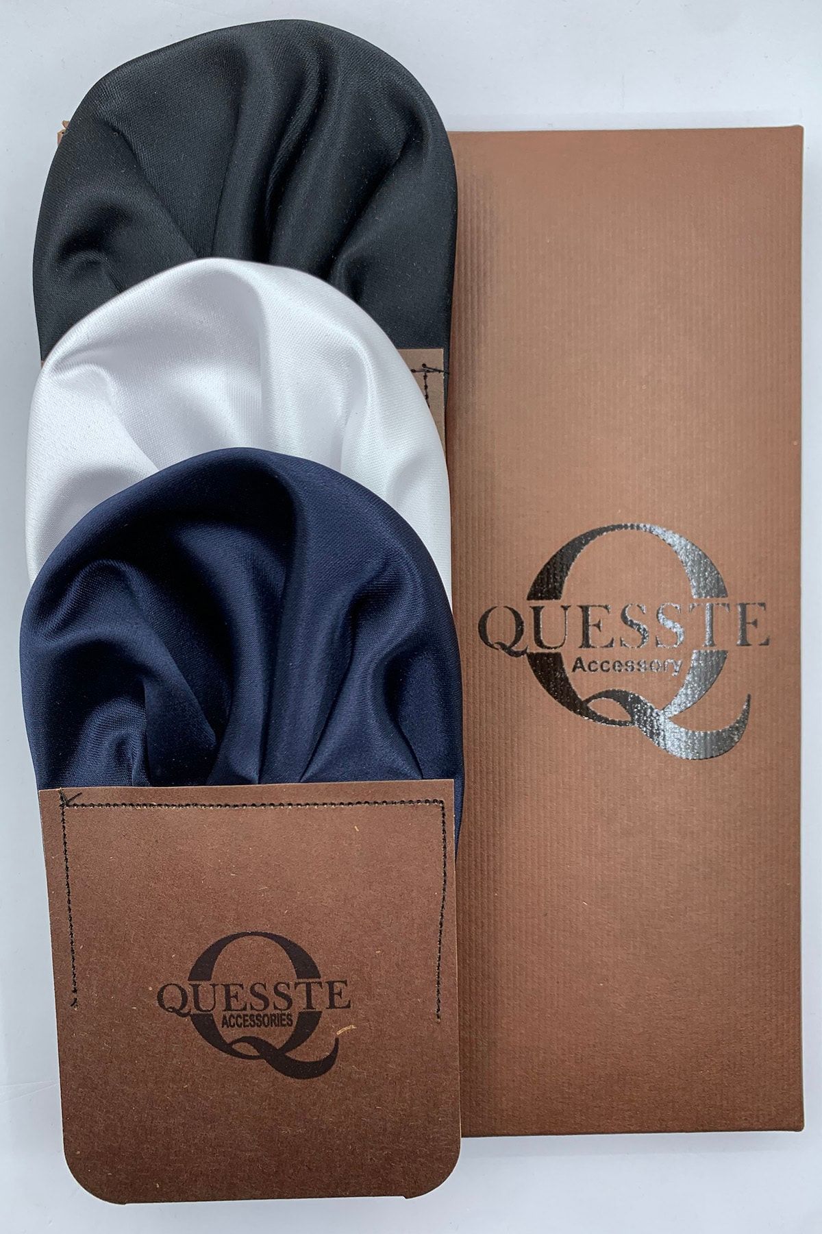 Quesste Accessory Erkek Siyah Beyaz Lacivert 3'lü Set Hazır Katlanmış Takım Elbise Cep Yaka Mendili