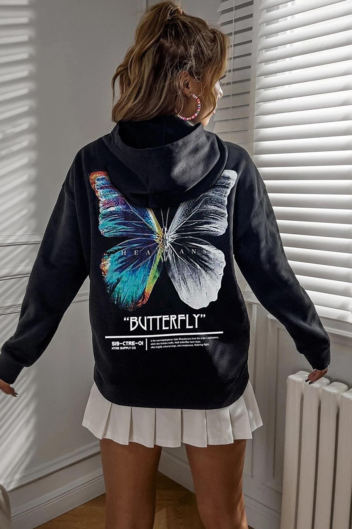 Millionaire Kadın Siyah Butterfly Oversize Kapşonlu Kanguru Sweatshirt