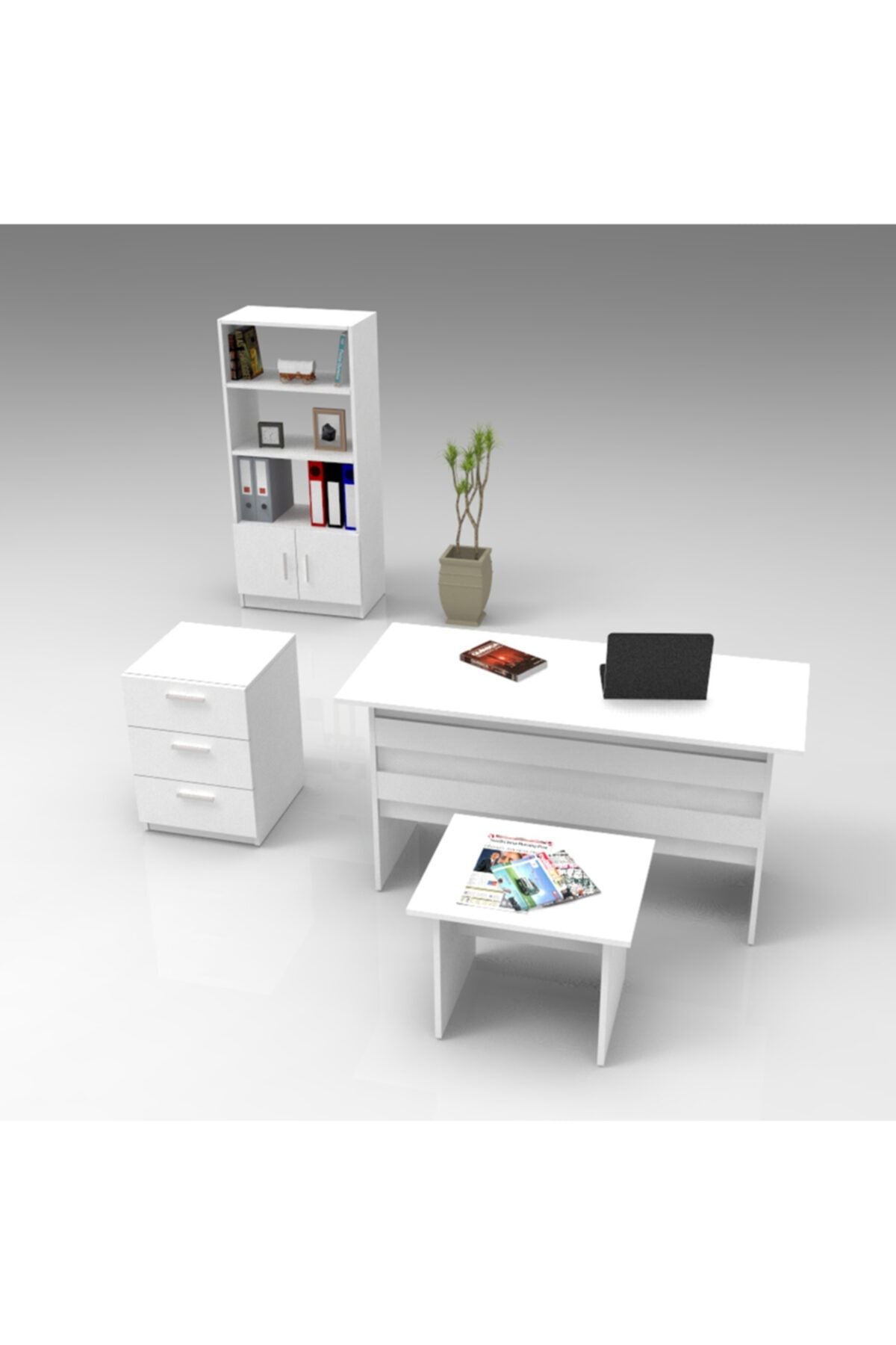 L'occi Concept Diego Abcd Ofis Masa Sehpa Keson Kitaplık 4'lü Büro Masa Takımı Beyaz