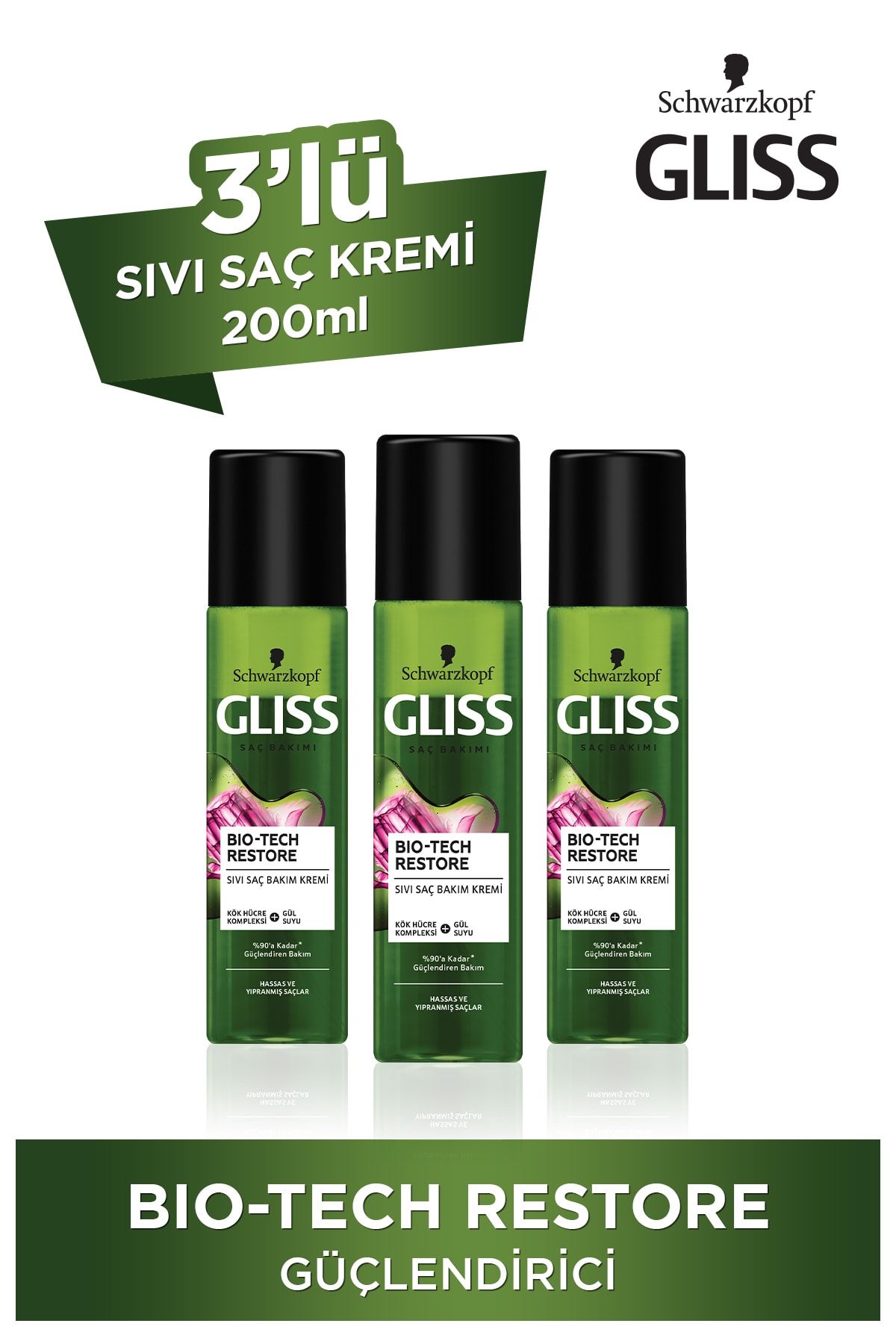 Gliss Bio-tech Güçlendiren Bakım Durulanmayan Sıvı Saç Kremi 200 ml 3'lü