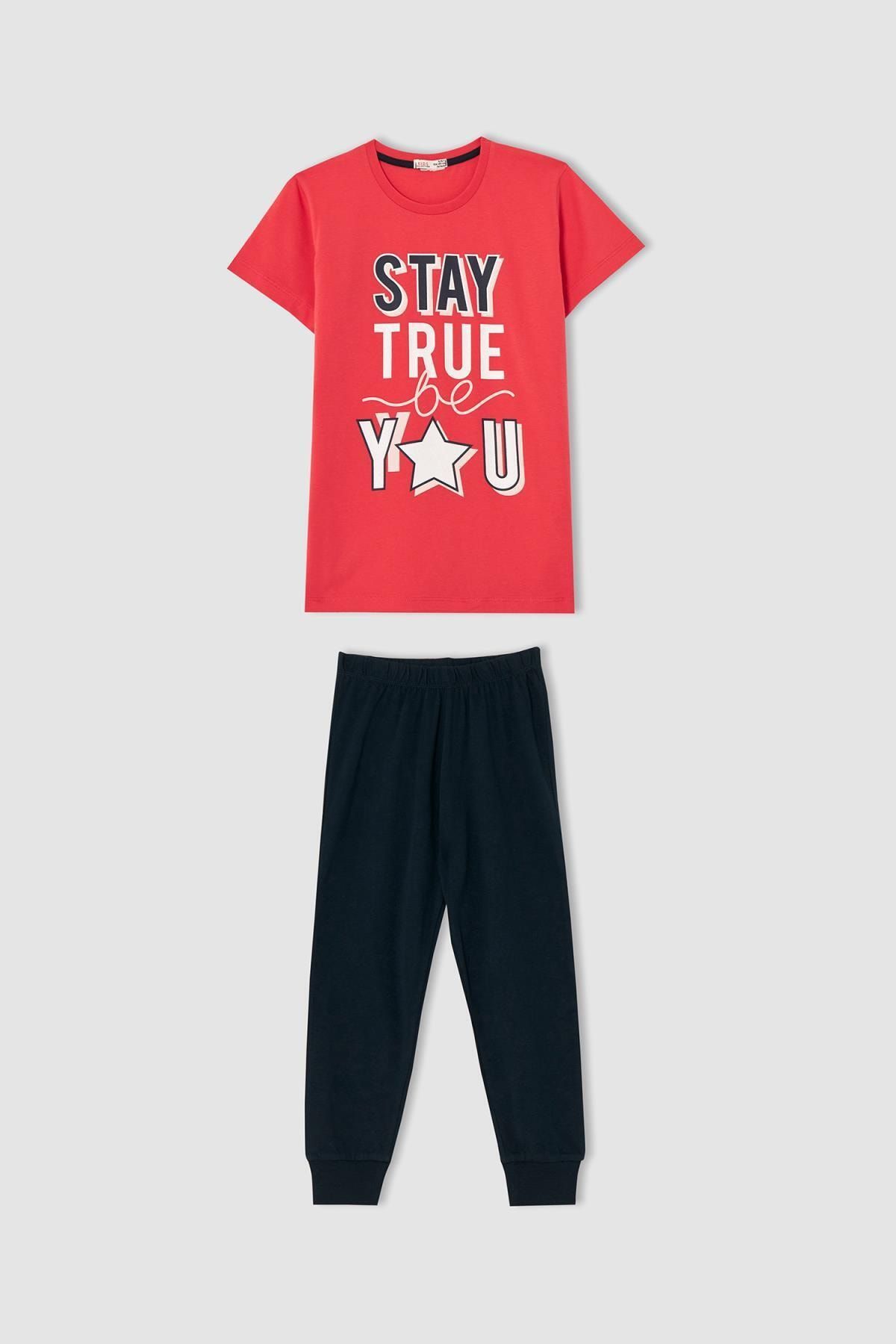 Defacto Kız Çocuk Slogan Baskılı Kısa Kollu Pijama Takımı W1441A621AU