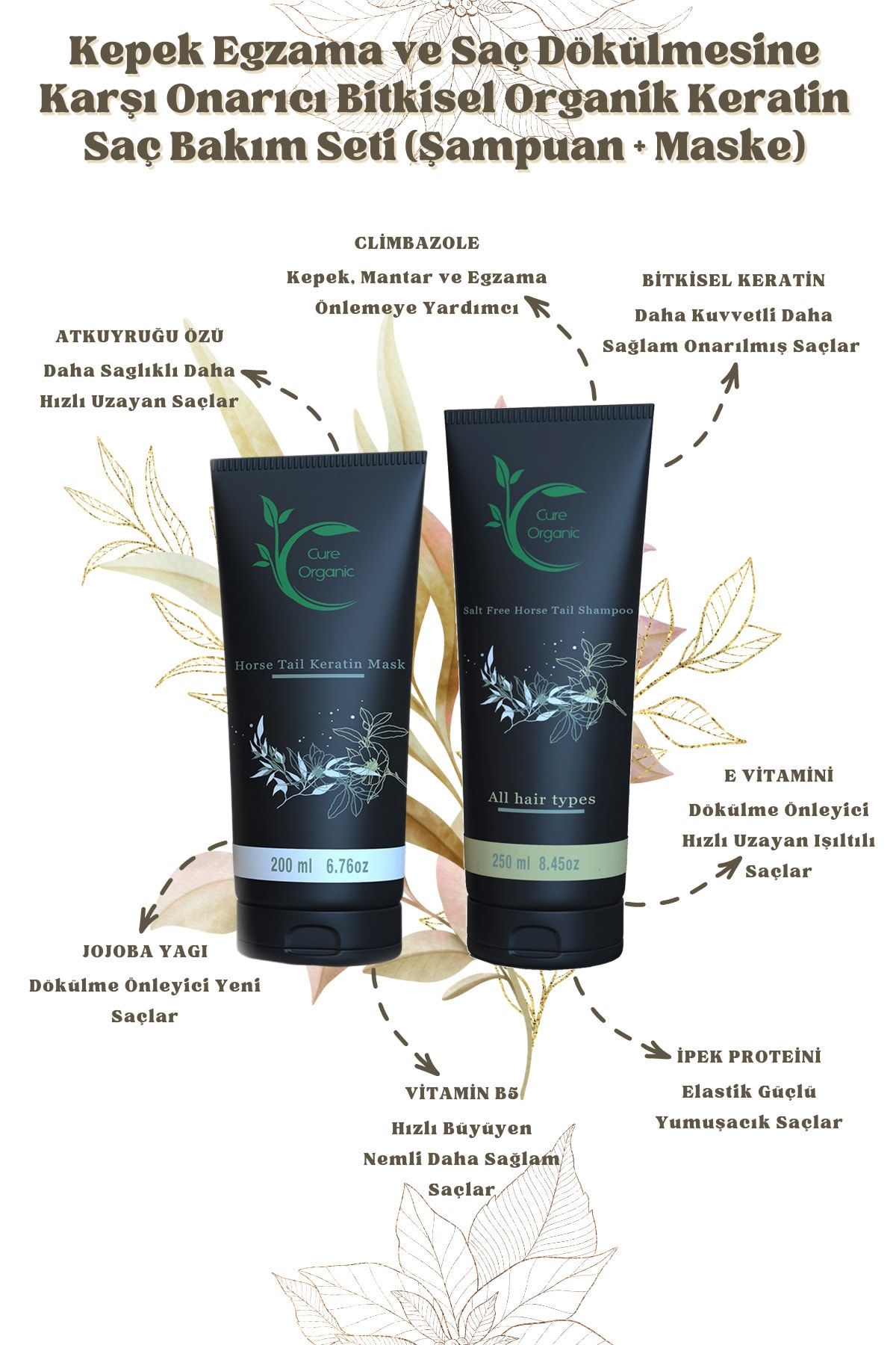 Cure Organic Kepek Egzama ve Saç Dökülmesine Karşı Onarıcı Bitkisel Organik Keratin Saç Bakım Seti Şampuan  Maske