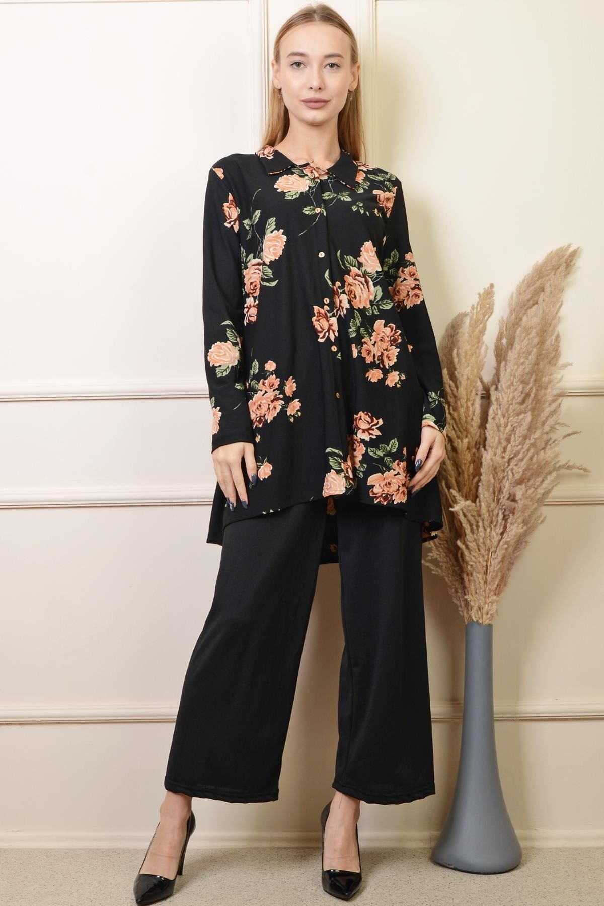 PİNKMARK Kadın Siyah Çiçek Desenli Salaş Krep Gömlek Pantolon Takım Pmtk25401