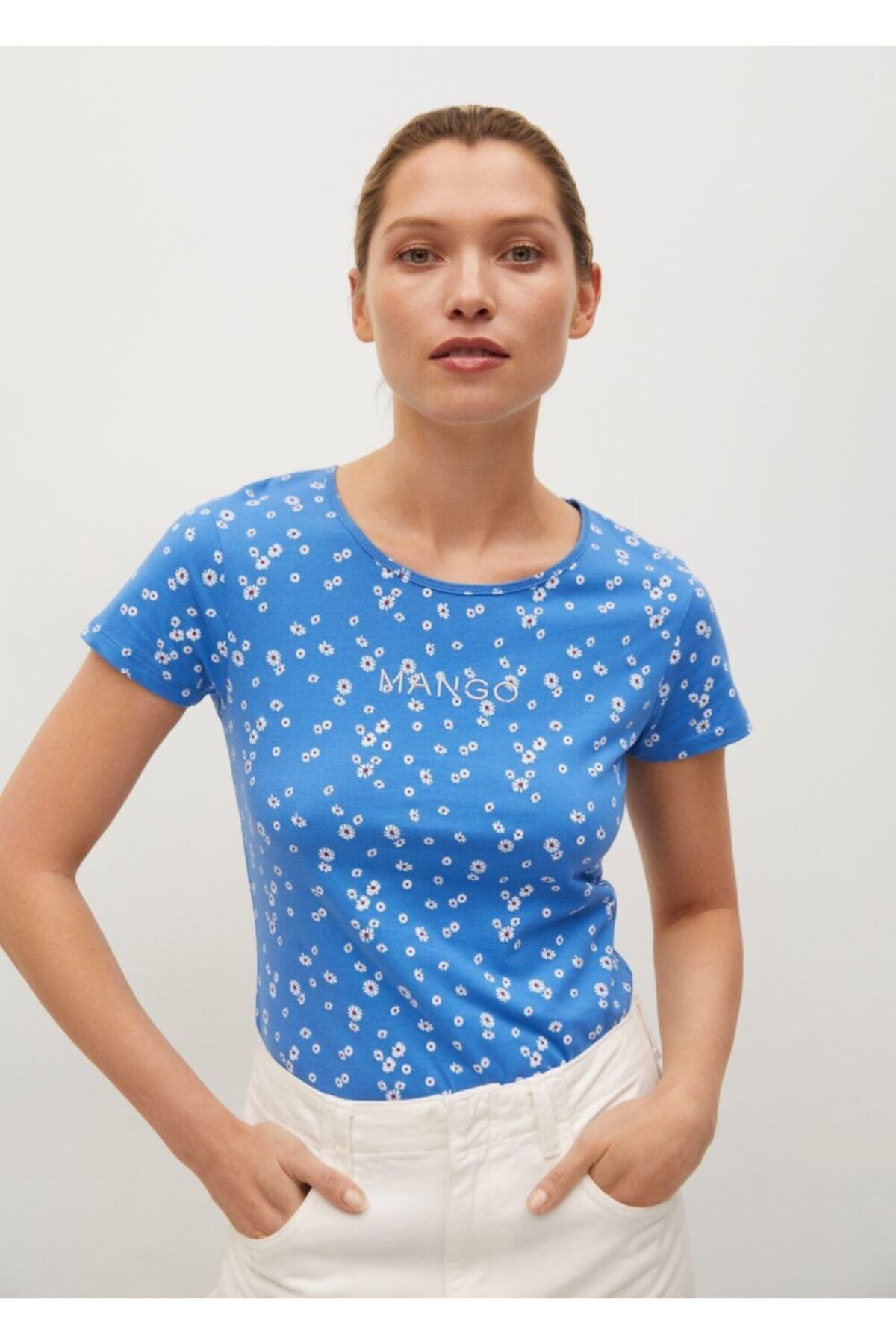 MANGO Kadın Mavi Geri Dönüştürülmüş Pamuklu Logolu Tişört