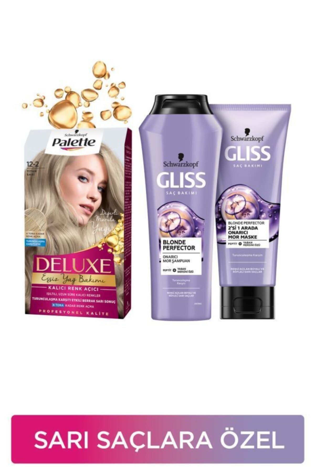 Gliss Sarı Saçlara Özel Bakım Seti Palette Deluxe Saç Boyası 12-2 Titan Sarı + Blonde Perfector Mor
