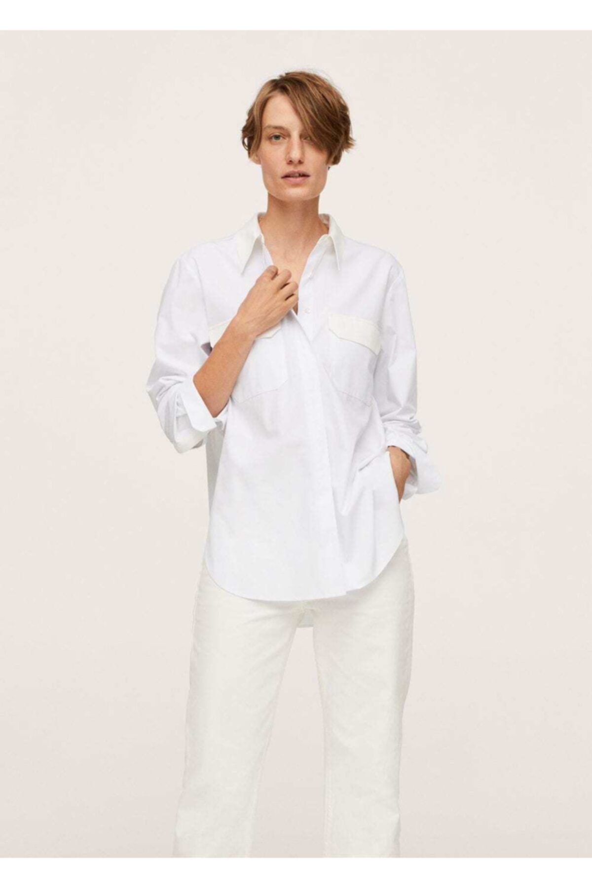 MANGO Kadın Beyaz Göğsü Cepli Koton Gömlek