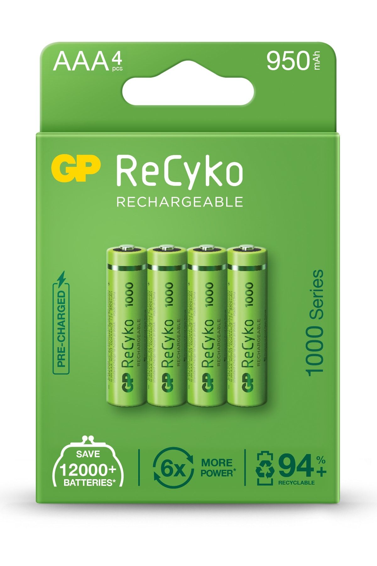 GP Batteries Recyko+ 1000 Aaa Ince Kalem Ni-mh Şarjlı Pil, 1.2 Volt, 4'lü Kart