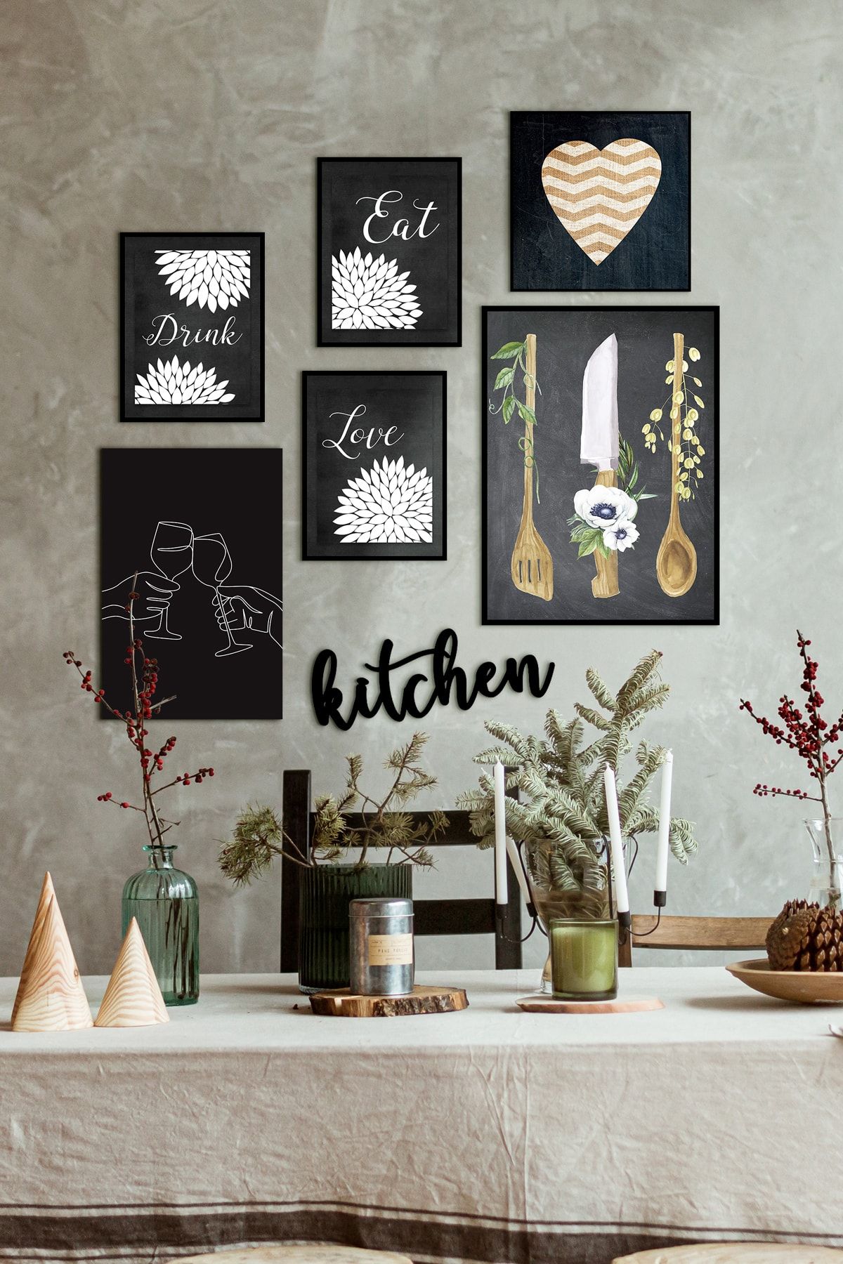 ÖZCANLAR ÇERÇEVE Çerçevesiz Cafe Mutfak Dekoratif Ahşap 7' Li Mdf Kitchen Yazılı Tablo Seti