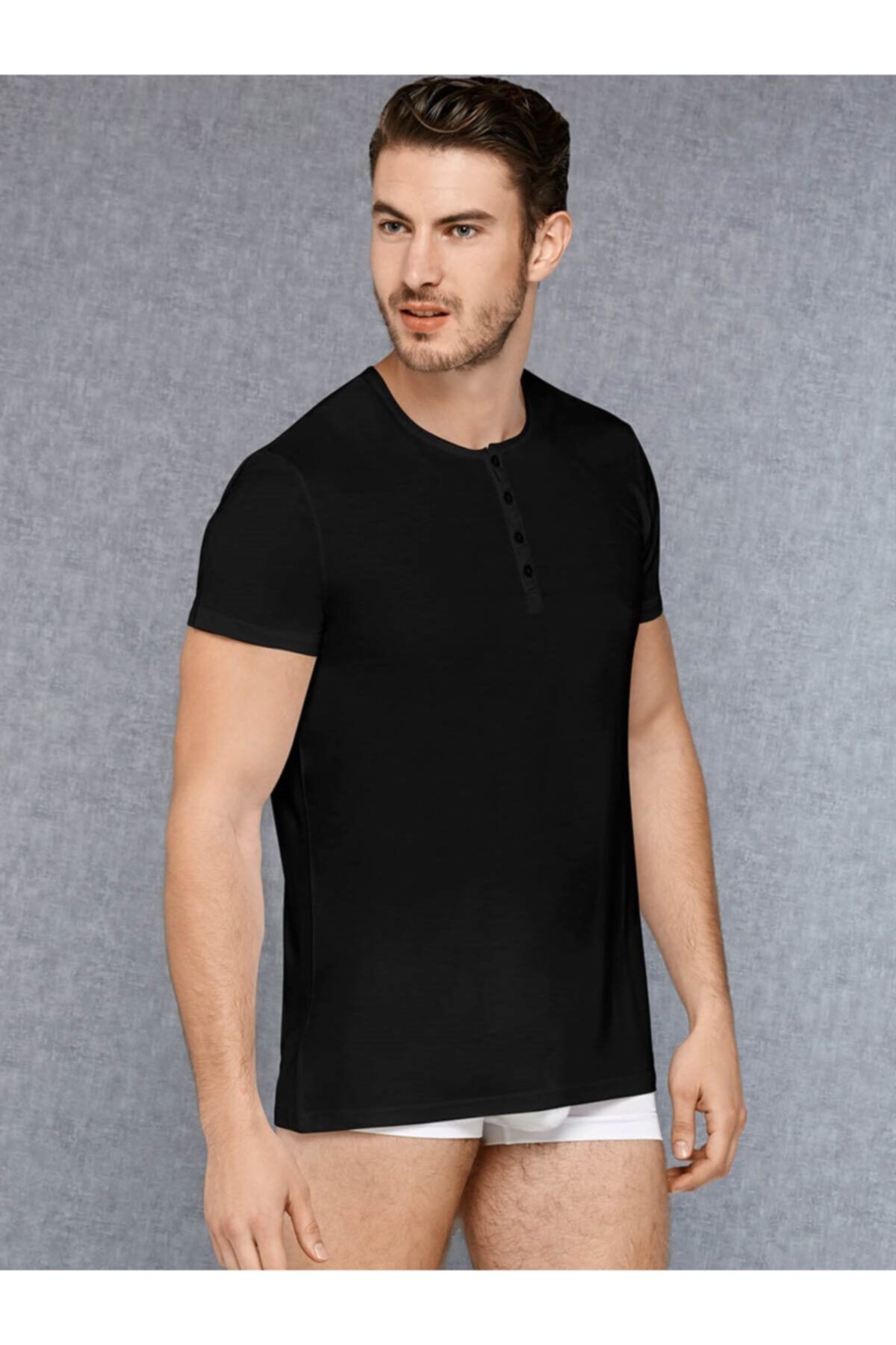 Doreanse Erkek Micromodal Düğmeli Siyah Yuvarlak Yaka Kısa Kol T Shirt