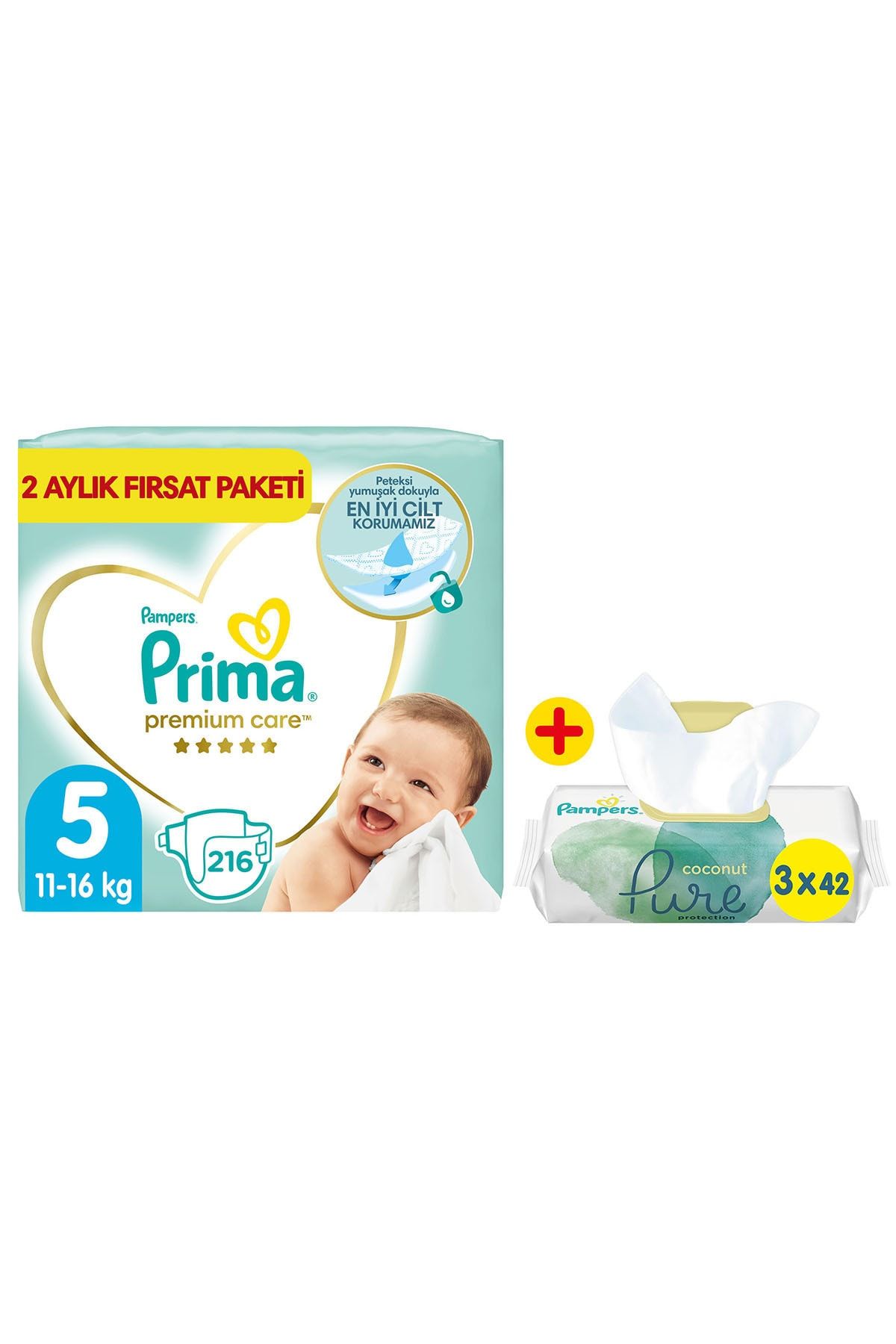 Prima Bebek Bezi Premium Care 5 Beden 216'lı 2 Aylık Fırsat Paket + Pure 3'lü Islak Havlu 126 Yaprak