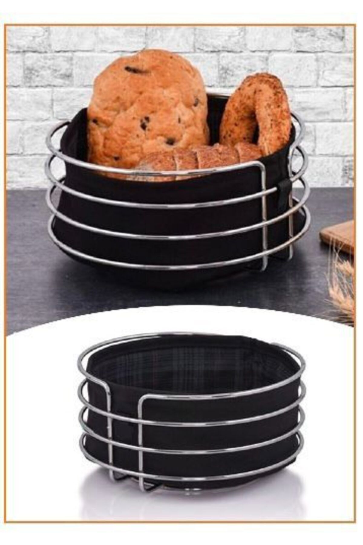 Genel Markalar Paslanmaz Metal Krom Şeritli Siyah Kumaş Yuvarlak Ekmeklik Ekmek Sepeti