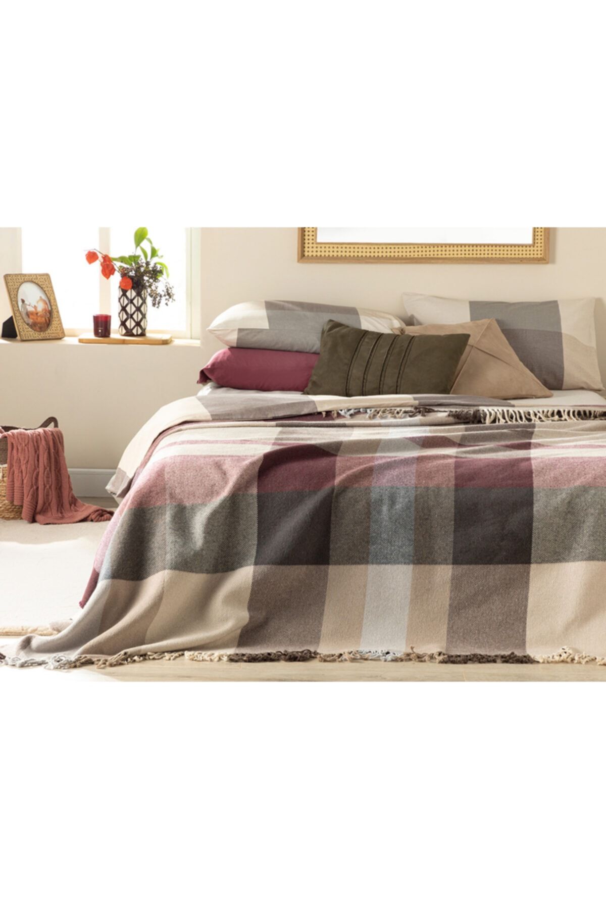 English Home Madras Check Pamuklu Çift Kişilik Battaniye 200x220 Cm Mor – Bej