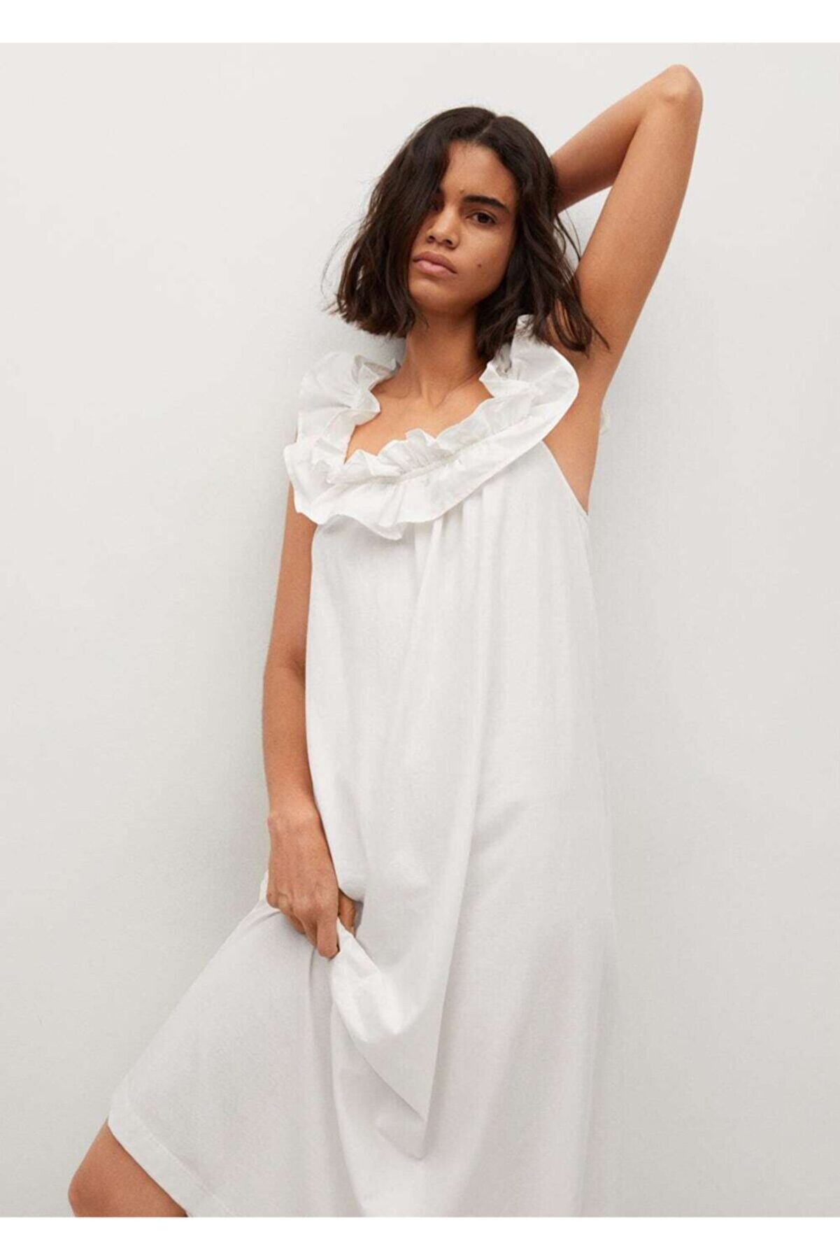 Mango Kadın Beyaz Fırfırlı Koton Elbise