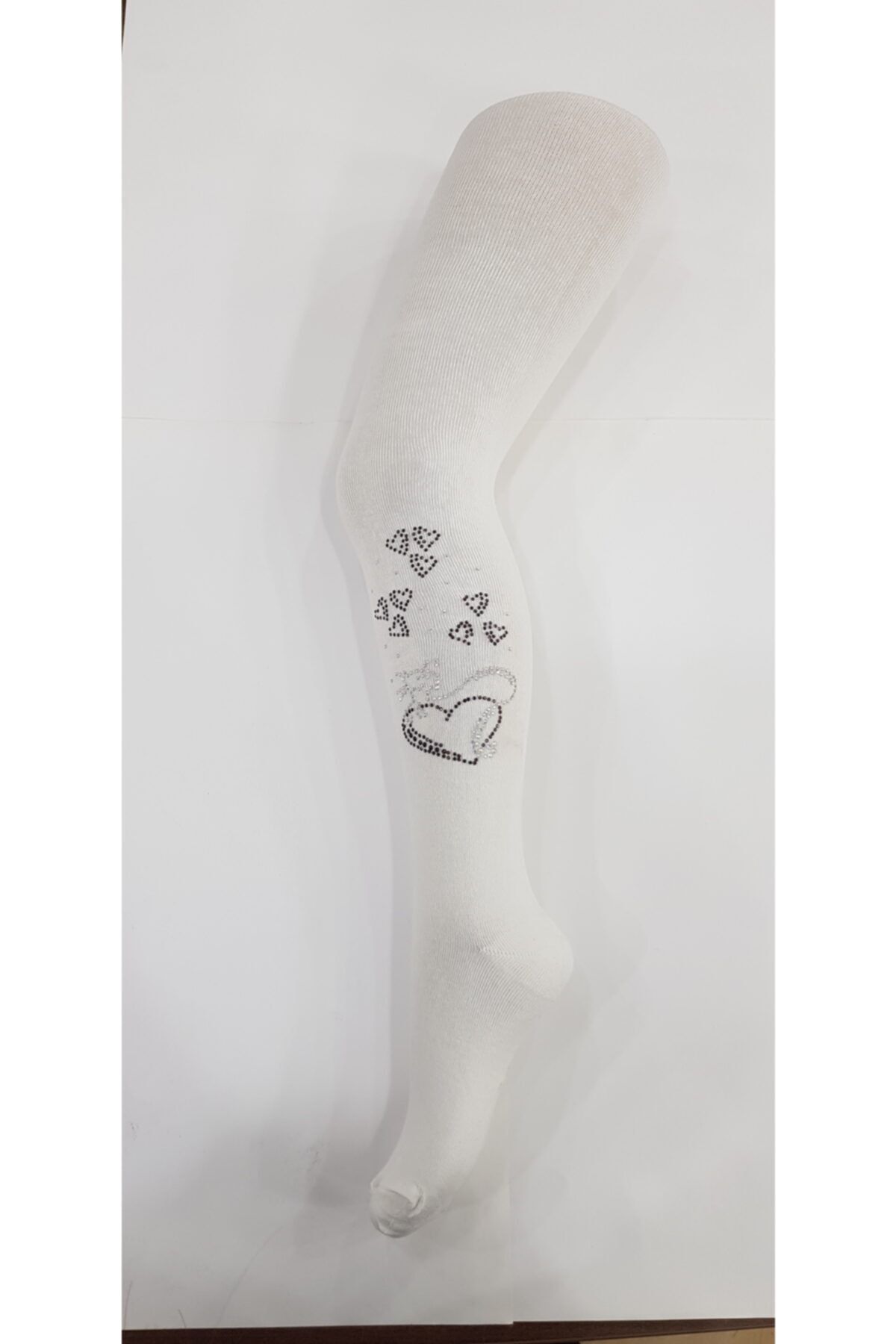 BUONUMARE Kız Çocuk Kalpli Çiçek Desen Kristal Taş Baskılı Krem Renk Pamuklu Külotlu Çorap 1 Adet
