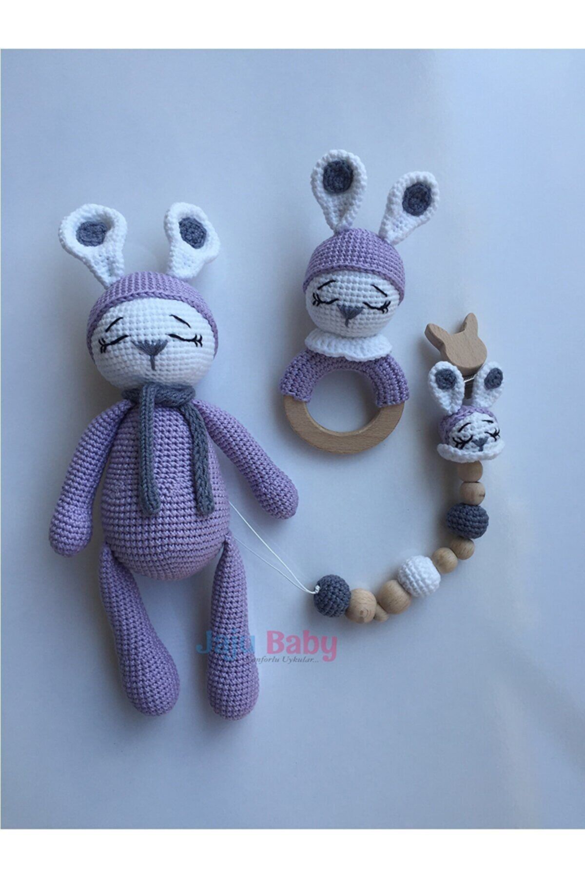 Jaju Baby Amigurumi Mor Sevimli Anten Kulaklar 29 Cm Çıngırak Ve Emzik Zinciri Üçlü Set