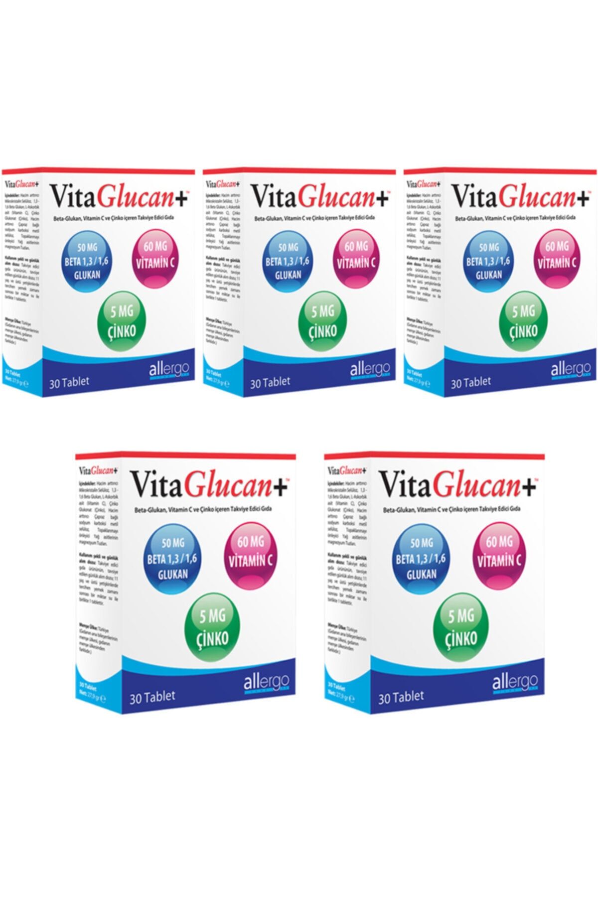Allergo 5 Adet Vitaglucan+ 30 Tablet | Beta Glukan + Vitamin C + Çinko