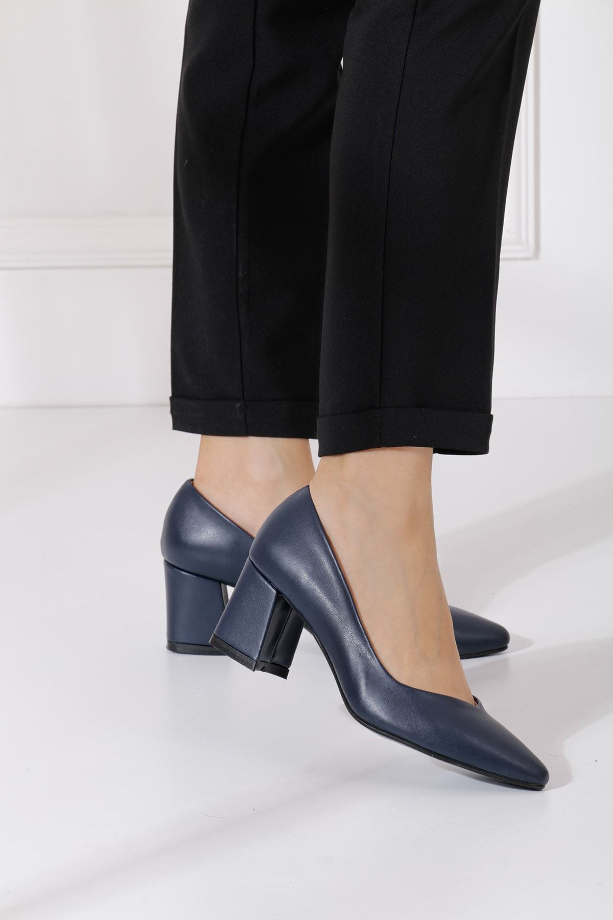 FORS SHOES Lacivert Cilt Kadın Topuklu Ayakkabı 6 Cm