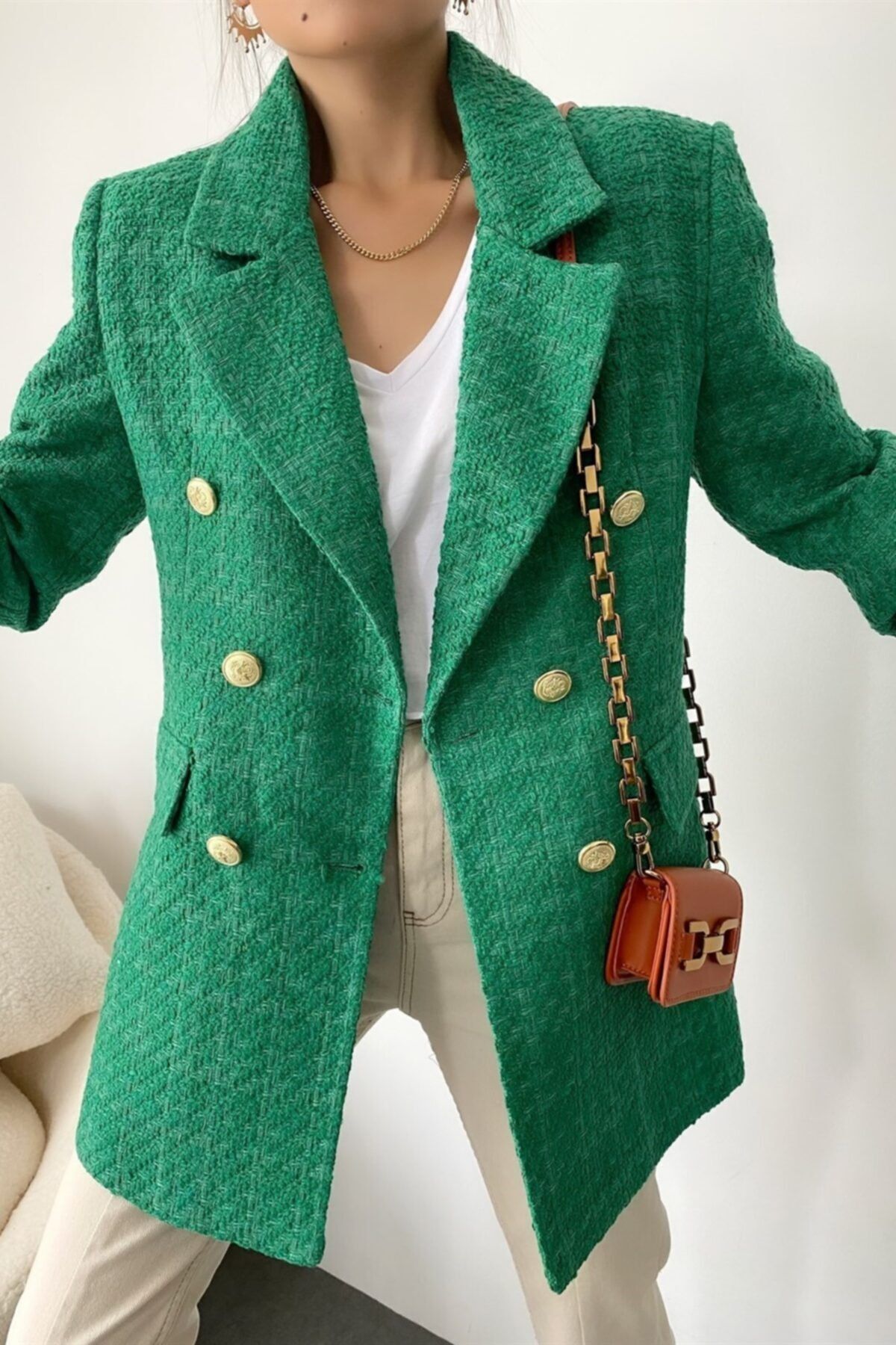 Suzi butik Kadın Gold Düğmeli Kruvaze Yeşil Tuvit Ceket