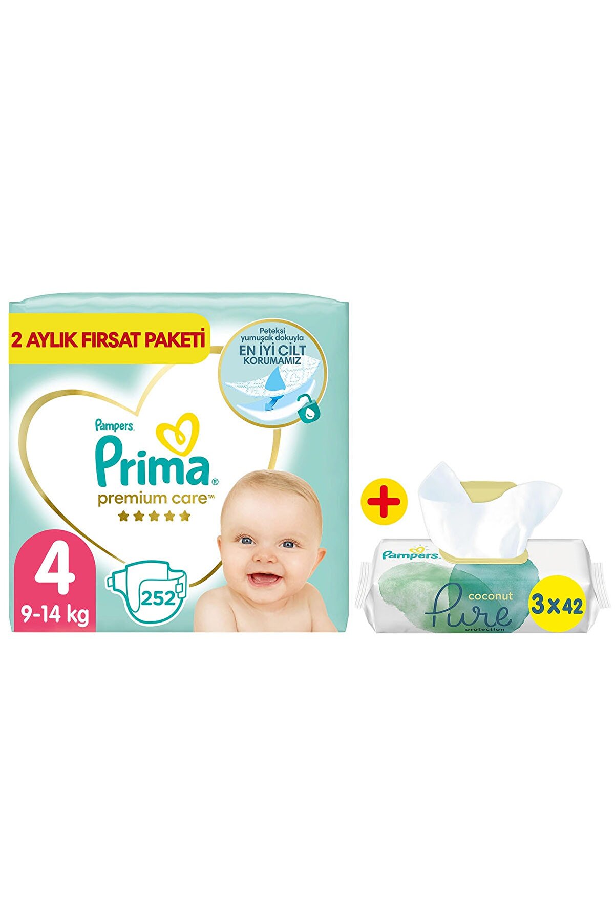 Prima Bebek Bezi Premium Care 4 Beden 252'li 2 Aylık Fırsat Paket + Pure 3'lü Islak Havlu 126 Yaprak