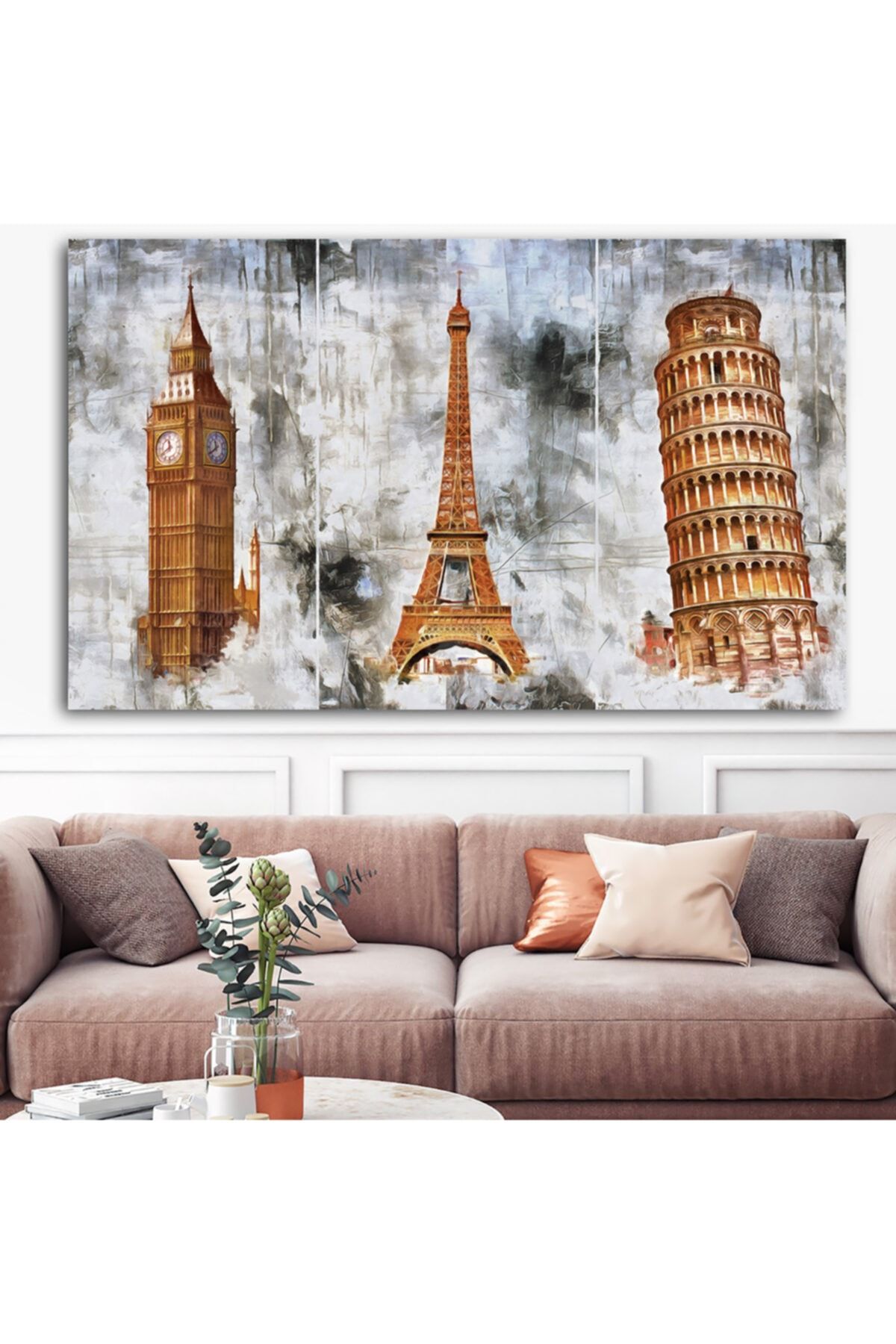 Sebenta Extra Dev Boyut Dekoratif Big Ben Eiffel Pisa Kuleleri Kanvas Tablo (100cm X 150cm)
