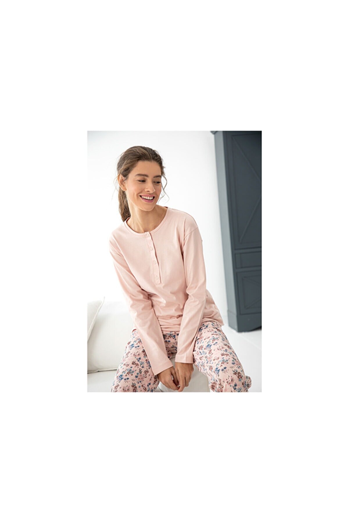 English Home Fancy Pamuklu Kadın Pijama Takımı XL Pudra
