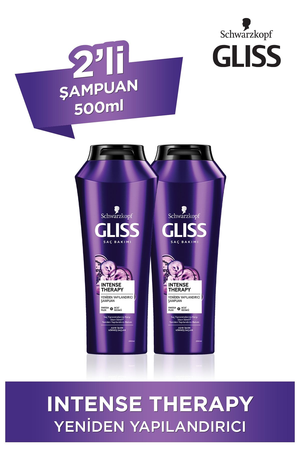 Gliss Intense Therapy Yeniden Yapılandırıcı Şampuan - Omega Plex Ve Acai Üzümü Ile 500 ml X 2 Adet