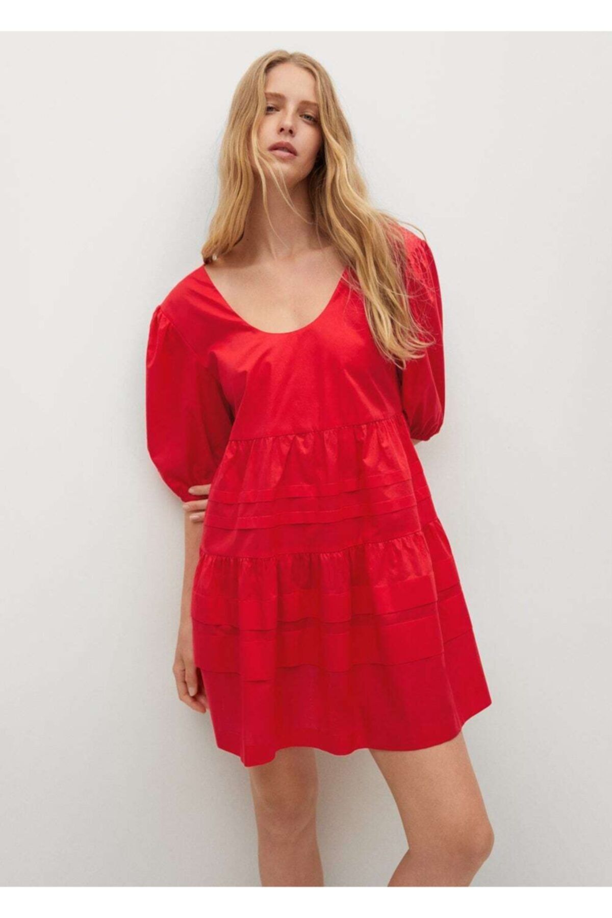 MANGO Kadın Kırmızı Fırfırlı Pamuklu Elbise