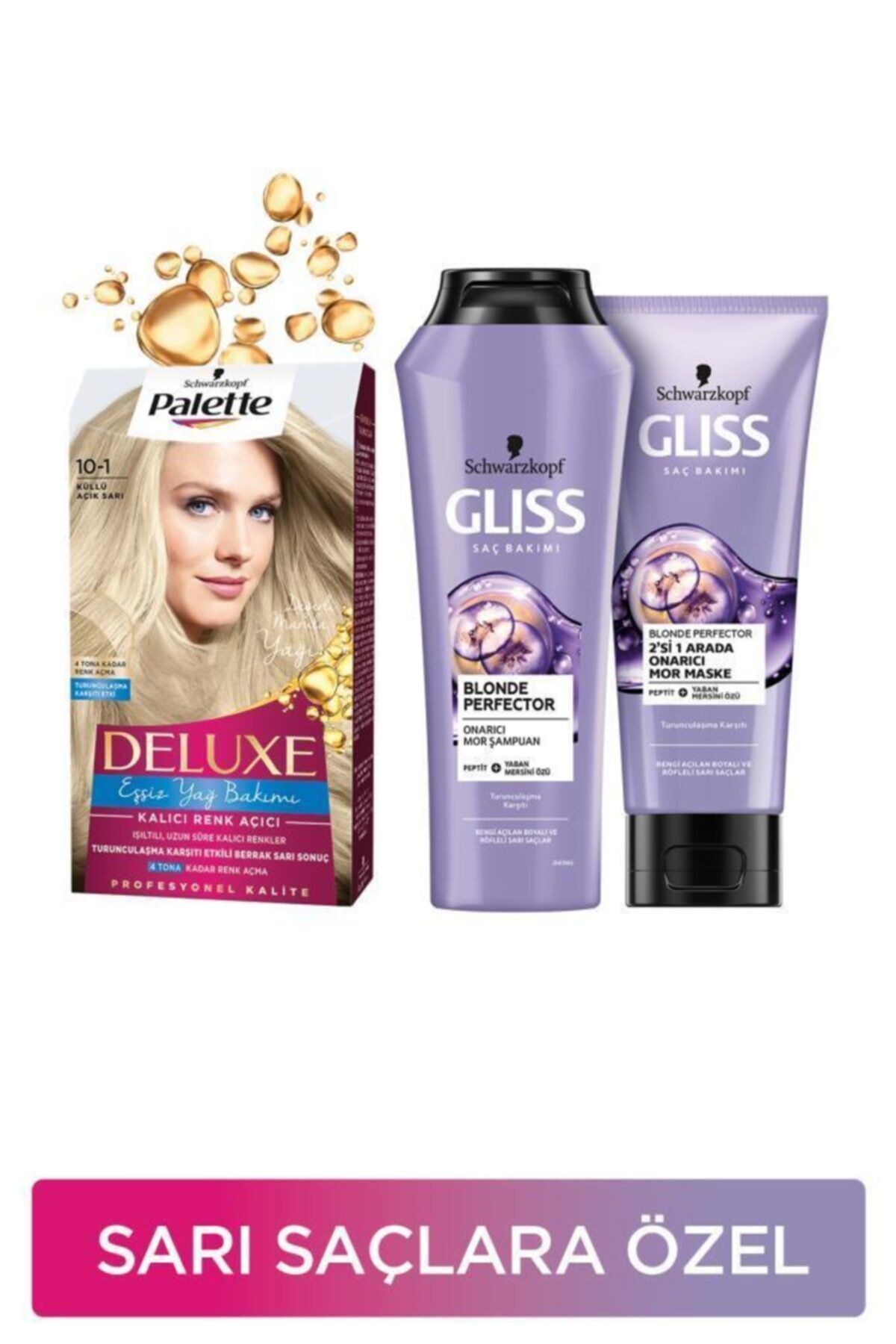 Gliss Sarı Saçlara Özel Bakım Seti Palette Deluxe Saç Boyası 10-1 Küllü Açık Sarı + Blonde Perfector