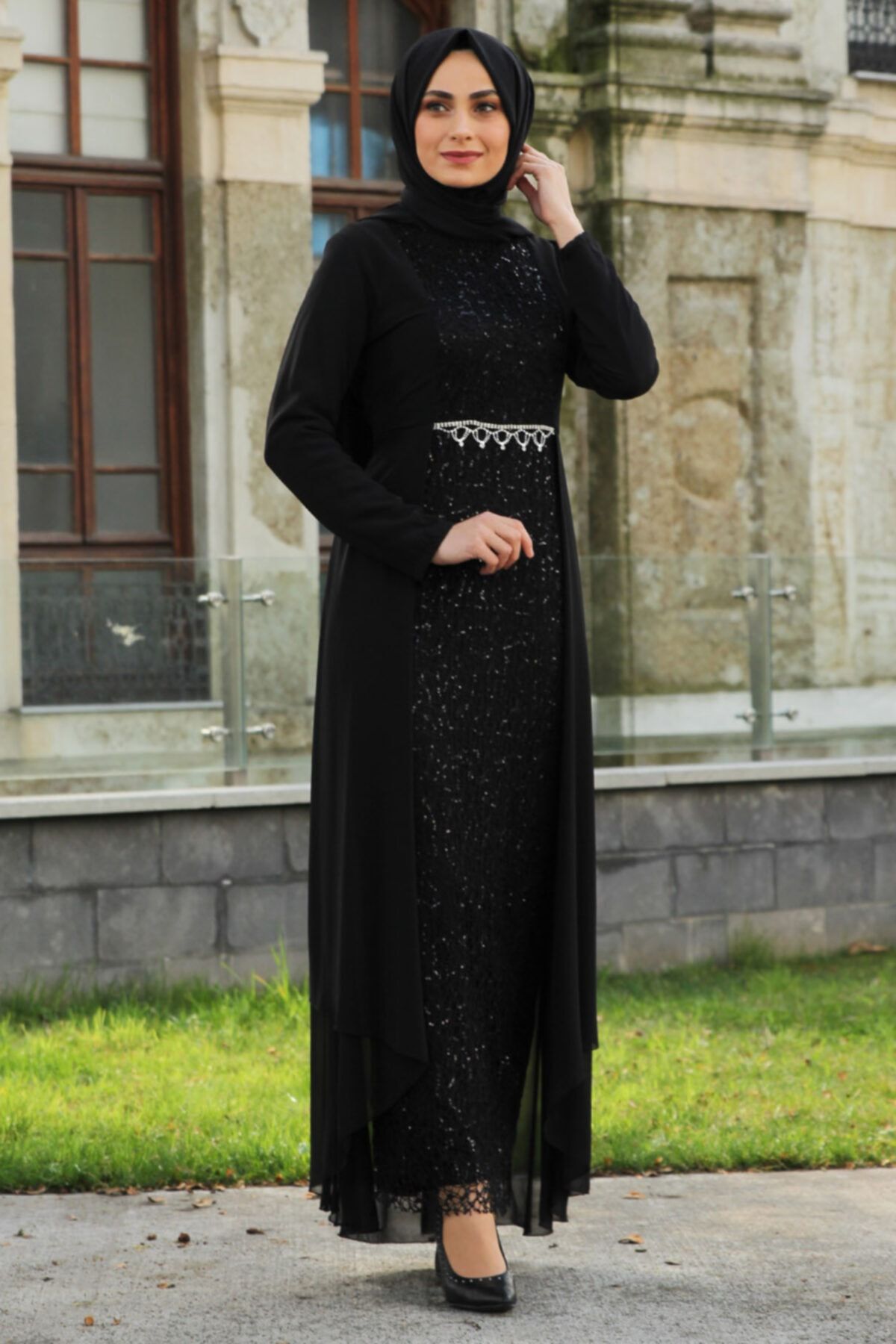 Feiza Collection Payet Detaylı Tesettür Abiye Elbise - Siyah