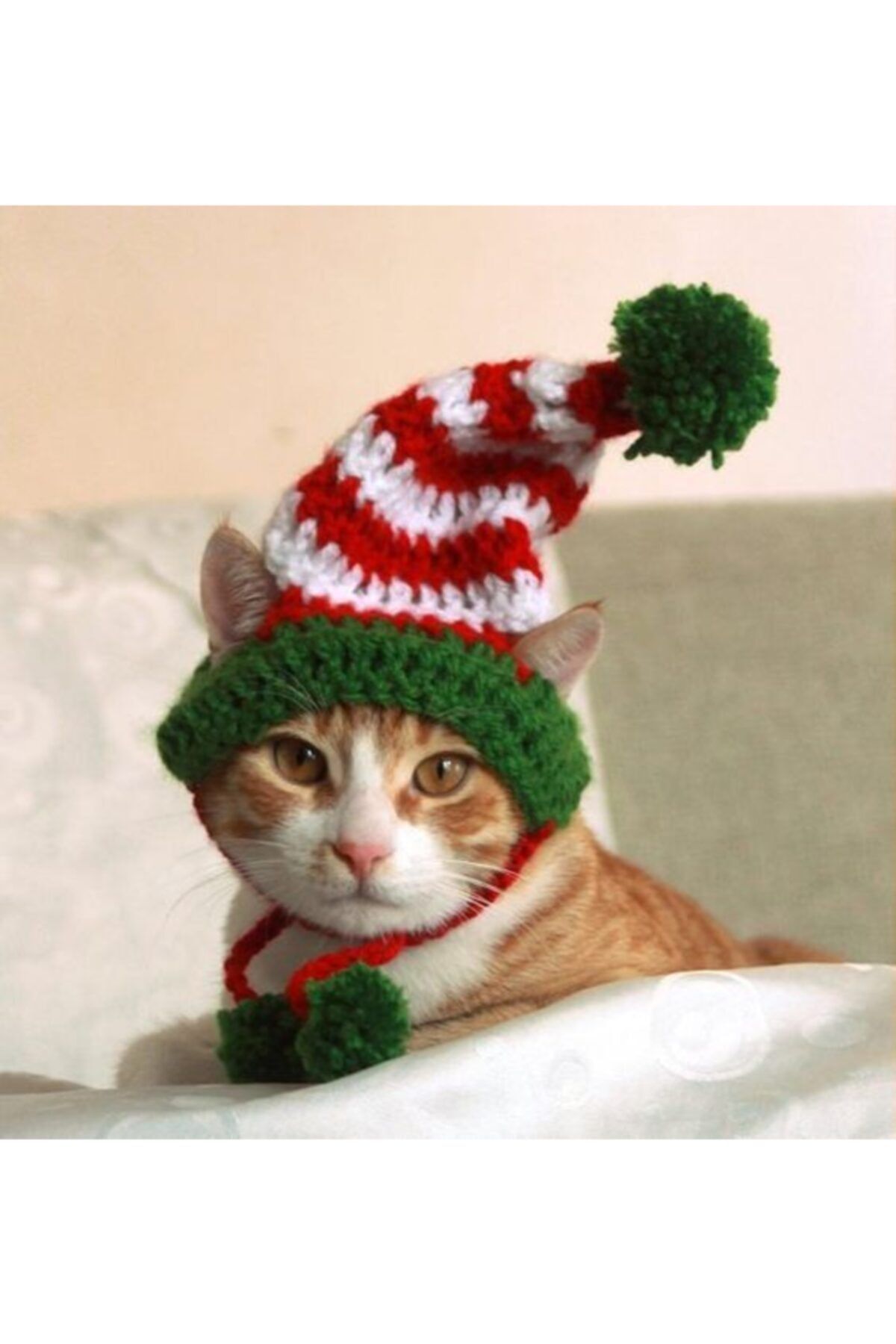 BurDen Dekoratif Ürünler & Tasarım Yeşil Ponponlu Kırmızı Beyaz Şeritli Kedi Şapkası&başlığı , yılbaşı Şapkası, Pet Fashion, Fenomen