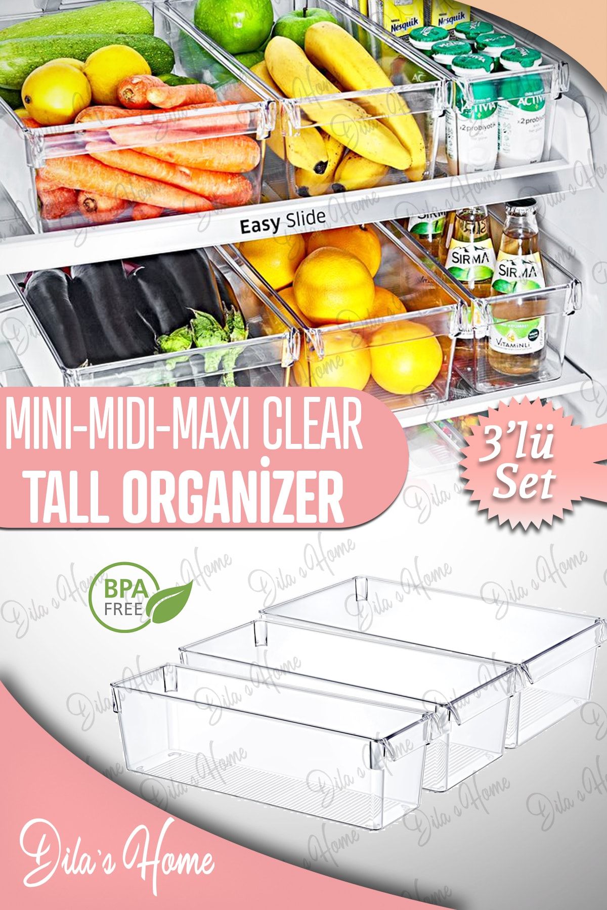 Dila’s home 3'lü Mini-midi-maxi Tall Clear Buzdolabı & Dolap Içi Düzenleyici Organizer