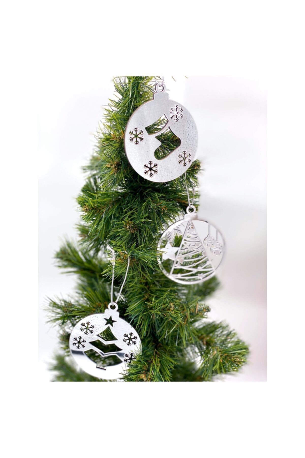 QUEEN AKSESUAR Yılbaşı Christmas Lüks 3lü Aynalı Ahşap Pleksi Büyük Çam Ağacı Dekorasyon Süsü Noel Gümüş