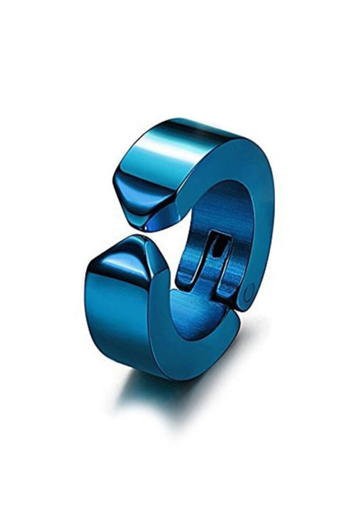 The Collection Mavi Erkek Kadın Paslanmaz Titanyum Deliksiz Kulaklara Küpe Sıkıştırmalı Kıstırmalı Çelik Küpe