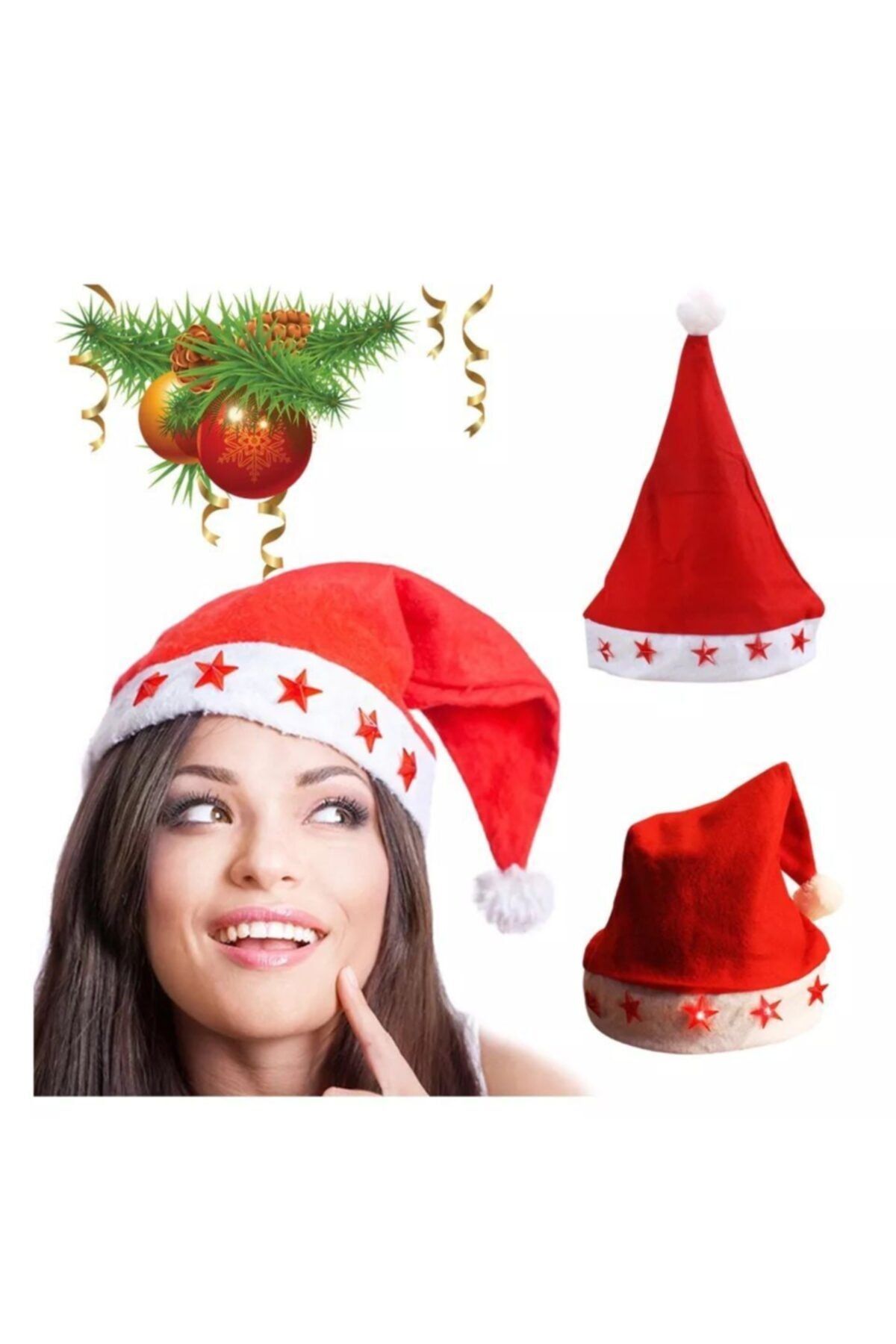 QUEEN AKSESUAR Yılbaşı Led Yıldız Işıklı Noel Baba Christmas Kırmızı Külah Şapka