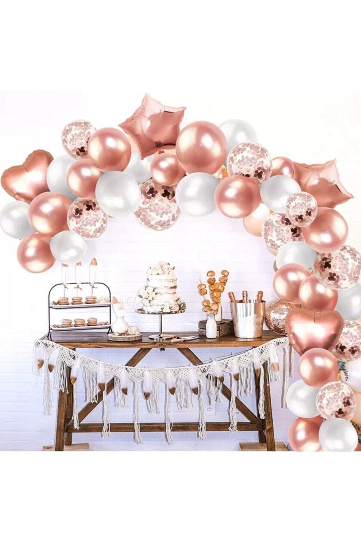 Deniz Party Store Rose Gold Folyo Kalp Yıldız Balon Rose Konfetili Şeffaf Ve Rose Gold, Beyaz Metalik Zincir Set Balon