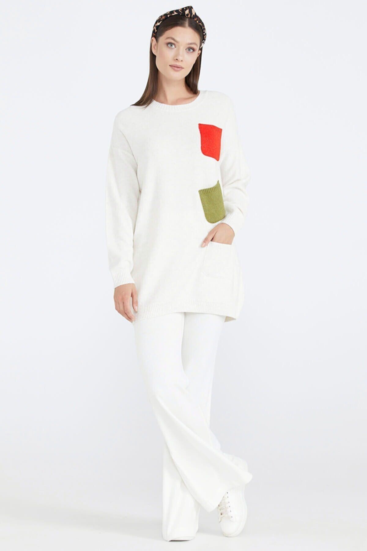 Sementa Kadın Renkli Cep Detaylı Triko Tunik - Kemik