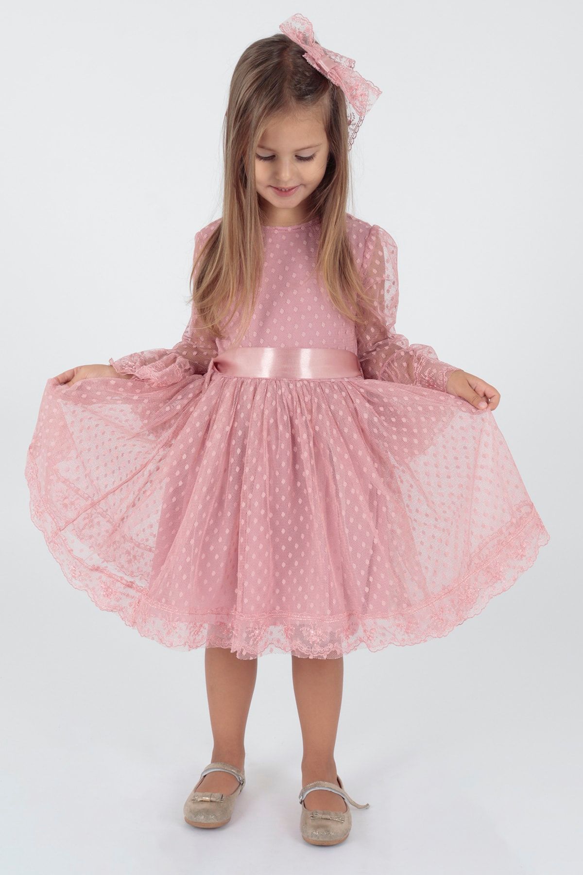 AHENGİM Kız Çocuk Tokalı Ve Tül Dantel Trend Abiye Elbise Ak2209
