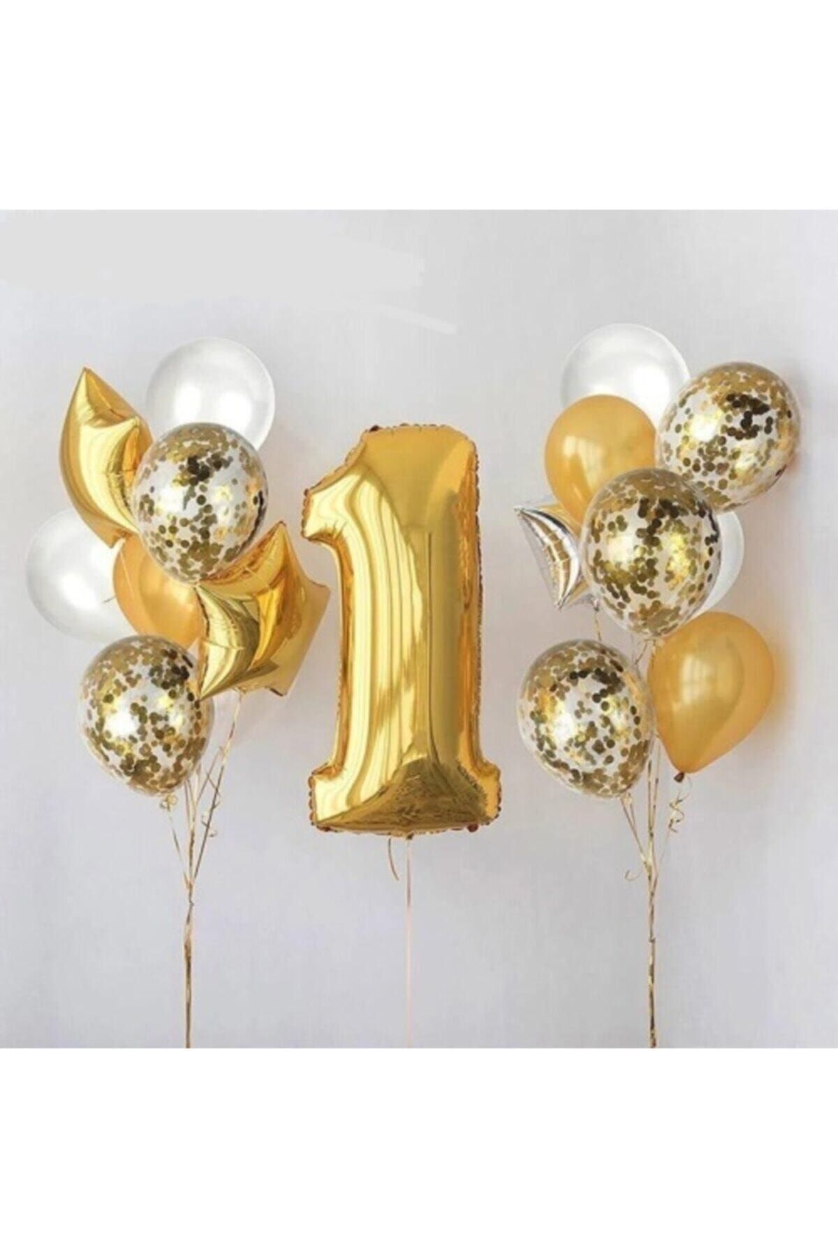 Deniz Party Store 1 Yaş Gold Folyo Balon Şeffaf Balon Seti Doğum Günü Parti Seti