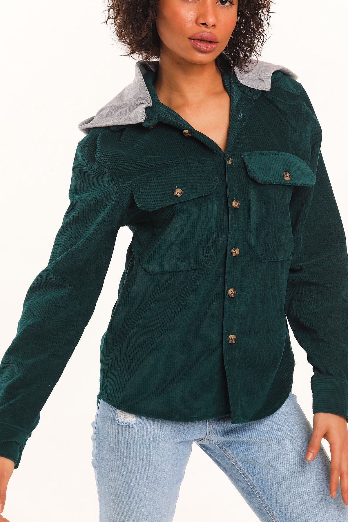 MODASMA Yeşil Kadife Düğmeli Kapüşonlu Regular Fit Vintage Ceket