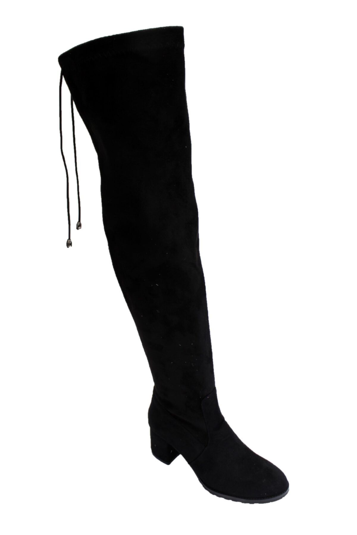 FELES Kadın Siyah Süet 6cm Kalın Topuk Diz Üstü Uzun Streç Çorap Çizme