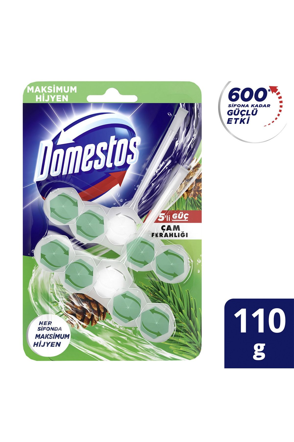 Domestos WC Blok 5'li Güç Çam Ferahlığı 600 Sifona Kadar Güçlü Temizlik 110 GR İkili Paket