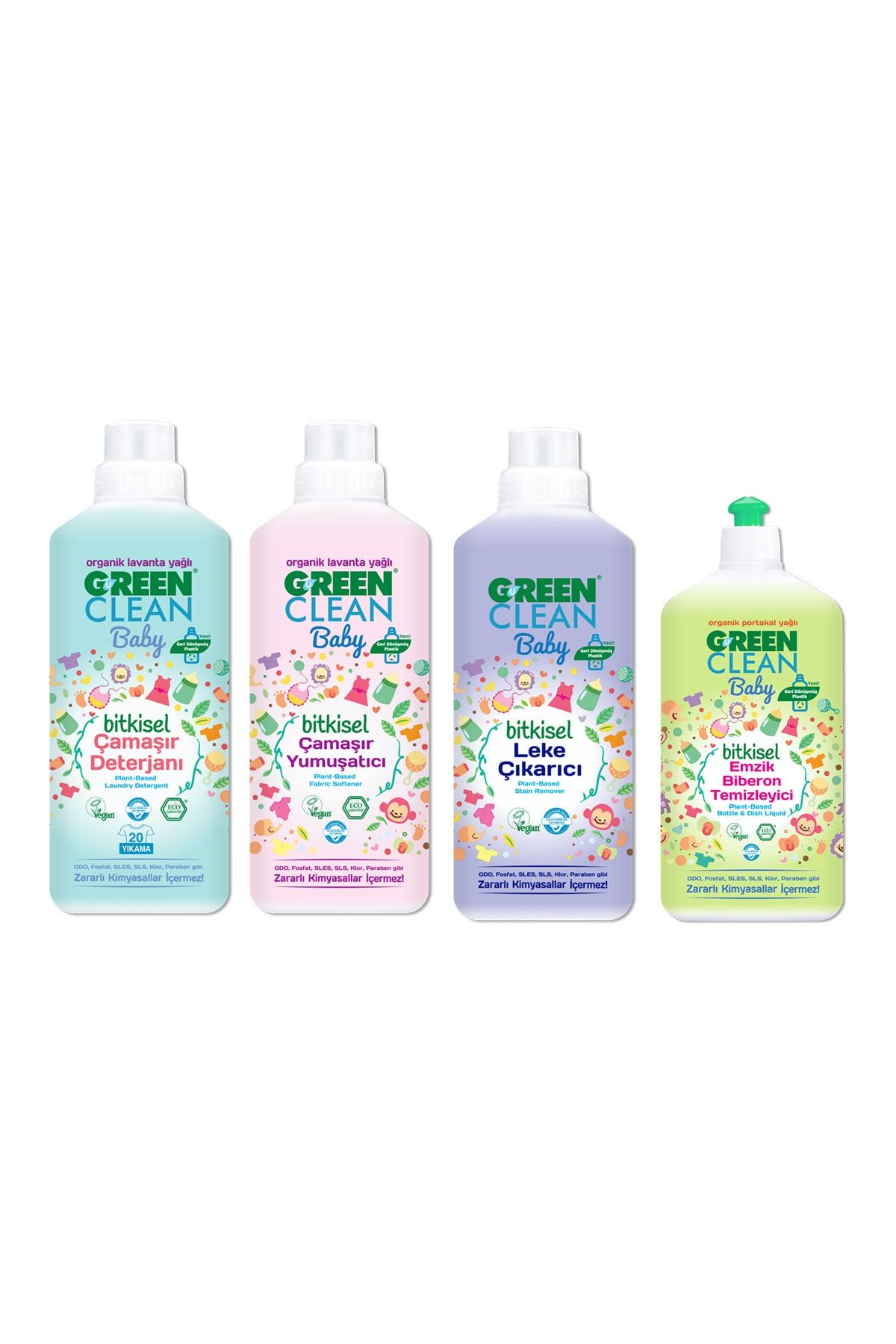 Green Clean Baby Organik Bitkisel Çamaşır Detarjanı + Yumuşatıcı + Leke Çıkarıcı + Emzik Biberon Temizleyici