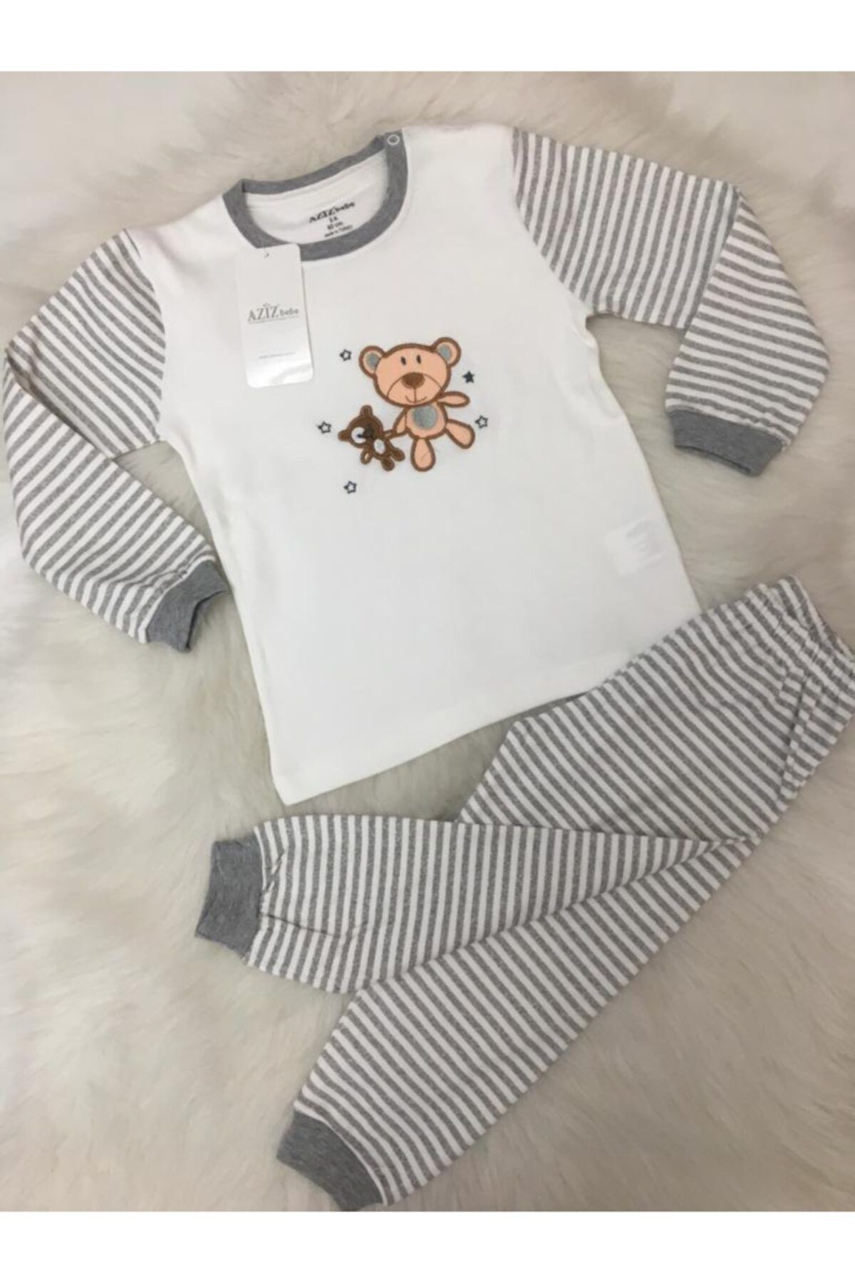 Aziz Bebe Erkek Bebek Bej Renk Pamuklu Pijama Takımı