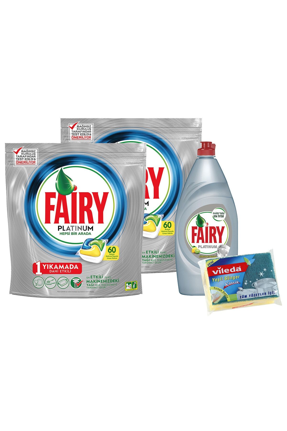 Fairy Limon Bulaşık Deterjanı Kapsül 60 Yıkama 2'li ve Sıvı Deterjanı Limon 870 ml ve Sünger