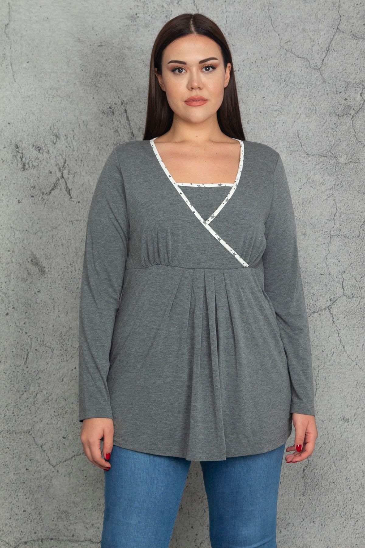 Şans Kadın Büyük Beden Gri Anvelop Yakalı Biye Detaylı Bluz 65n20330