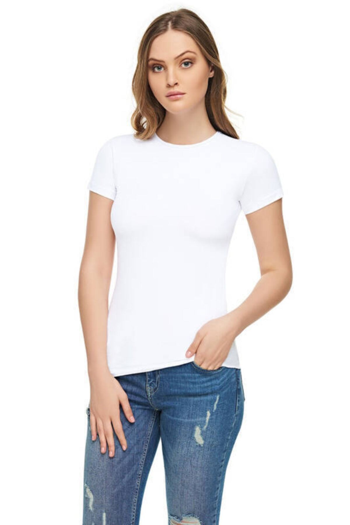 Tutku Elit Kadın Beyaz Kadın Elastan Yarım Kol T-shirt Elt2202