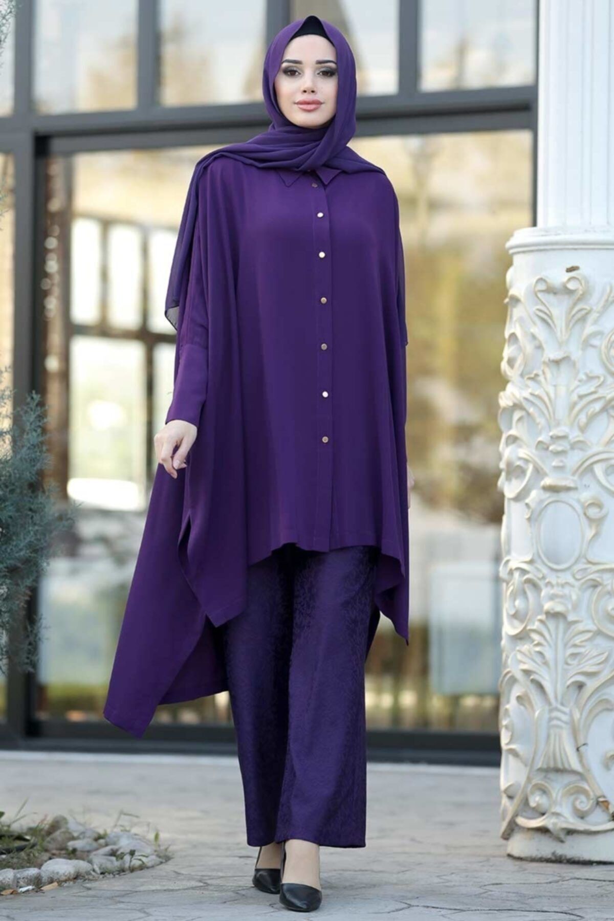 Neva Style Kadın Mor Tesettürlü Abiye Elbise - Tunik & Pantolon Tesettür Abiye Takım 3754mor