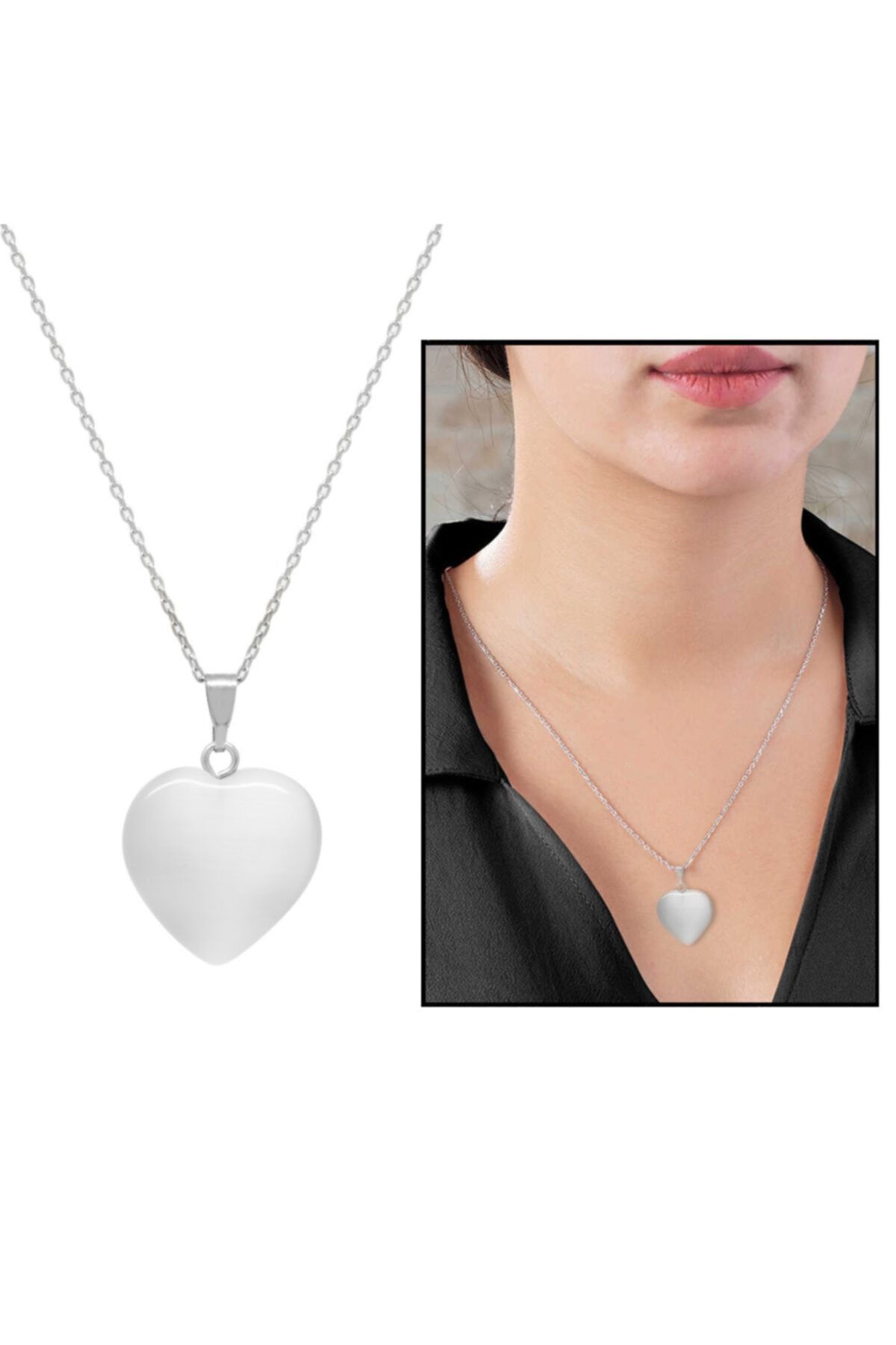 Tesbihane Kalp Tasarım 925 Ayar Gümüş Zincirli Çift Taraflı Soft Beyaz Kedigözü Kolye