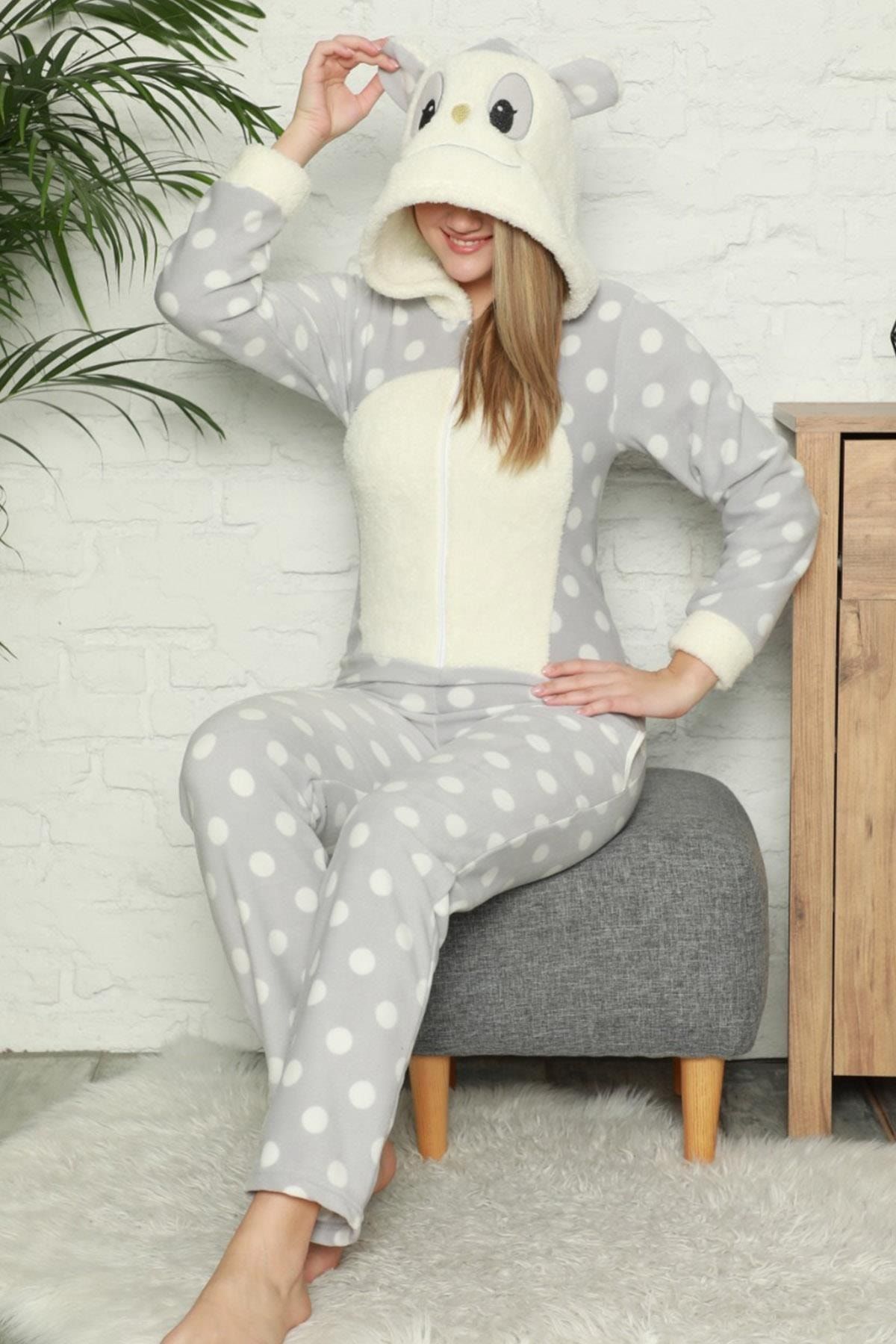 Pijamaevi Kadın Krem Krem Büyük Puan Desenli Kadın Polar Peluş Tulum Pijama