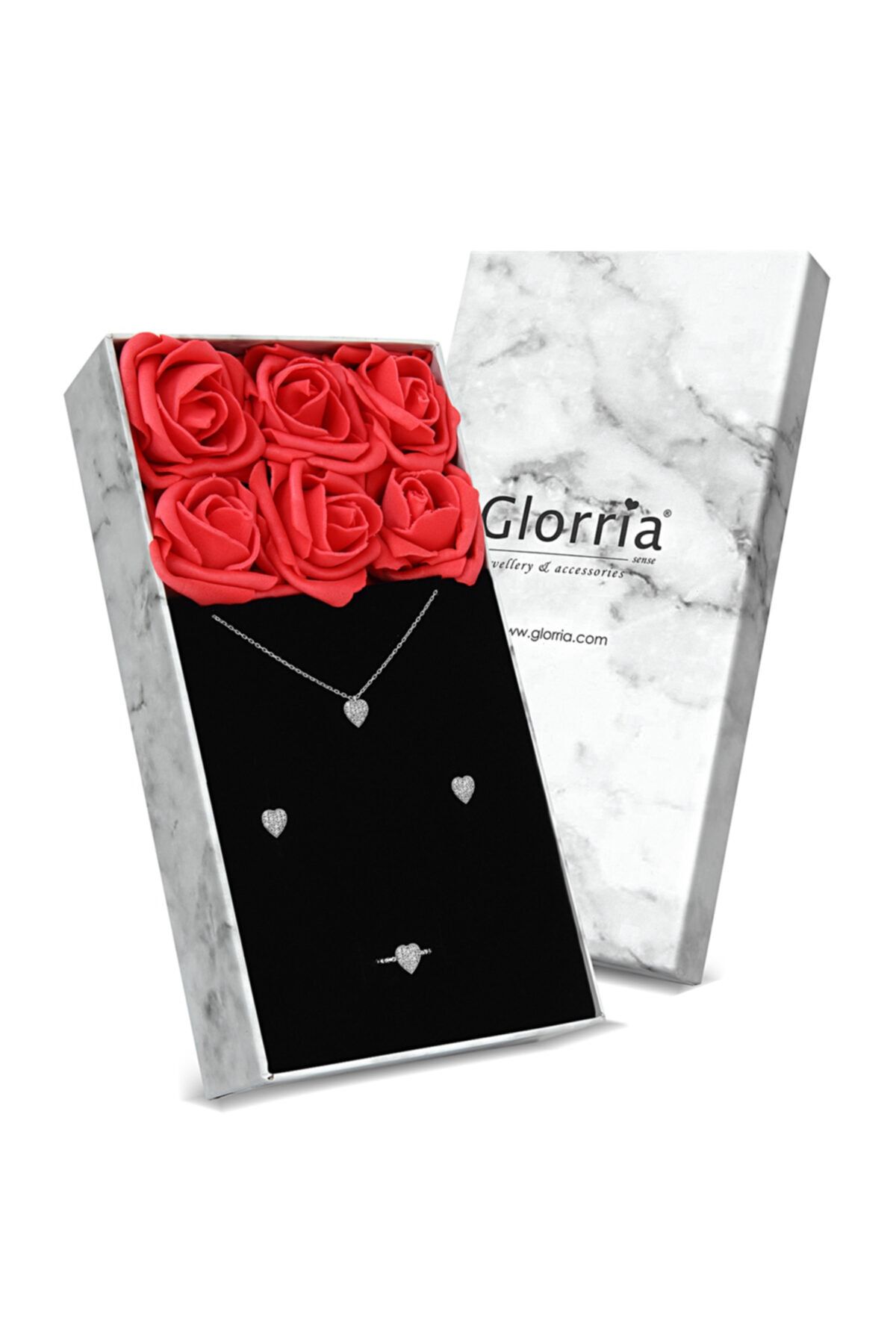 Glorria Kadın Gümüş Kalp Anturaj Kolye Küpe Yüzük Çiçekli Seti - Eg0455-hs